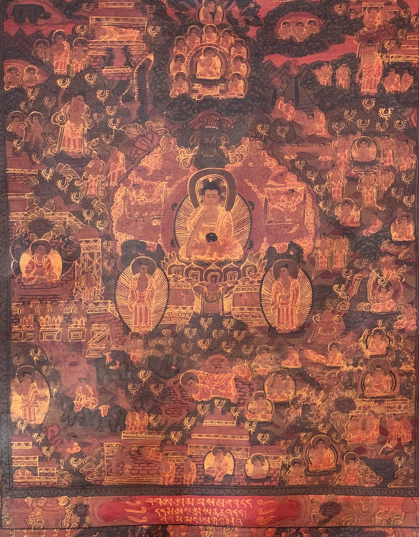 Life of Buddha Tibetan Thangka Painting | Hand Painted Oil-Varnished Mandala Art with Silk Brocade