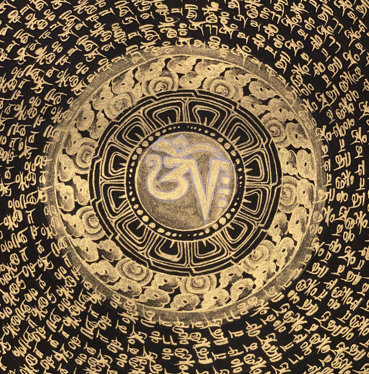 Hand Painted Sacred Om Mantra Dragon Mandala Black and Gold Master Quality Tibetan Thangka Painting/Wall Hanging Original Artist Signed Art