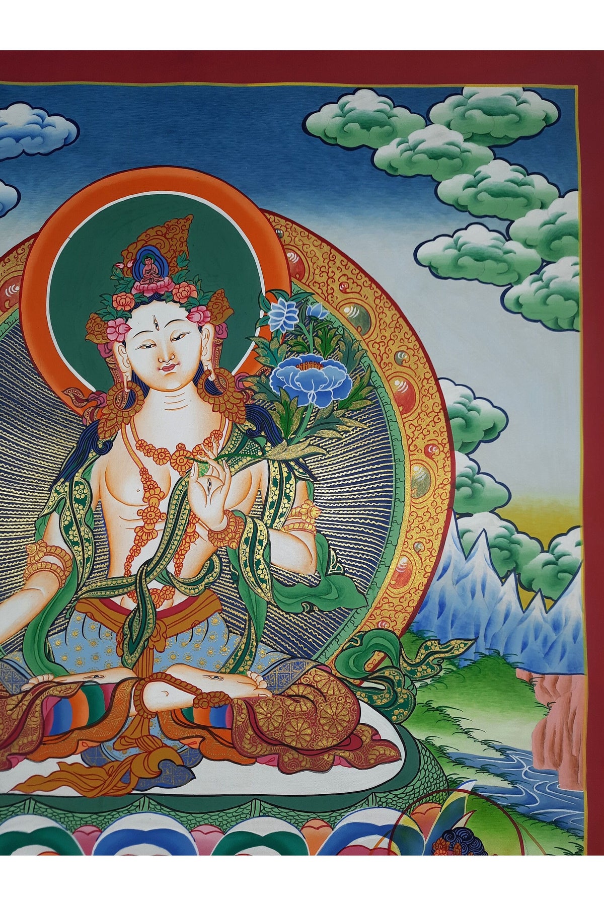 Hand-Painted White Tara Thangka Painting, Tibetan Meditation Art