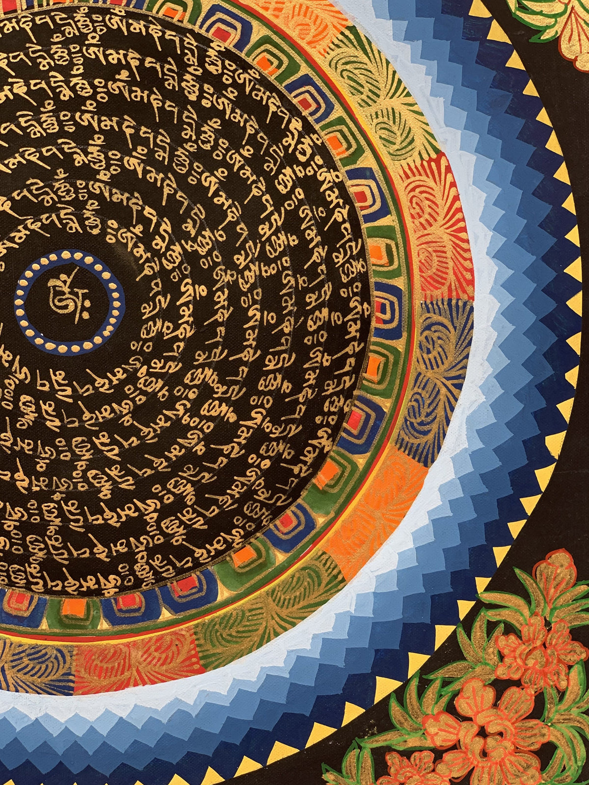 Sacred Om Mani Padme Hum Mantra Mandala Tibetan Thangka Painting Floral Border Original Art/ Home Décor/ Wall Hanging