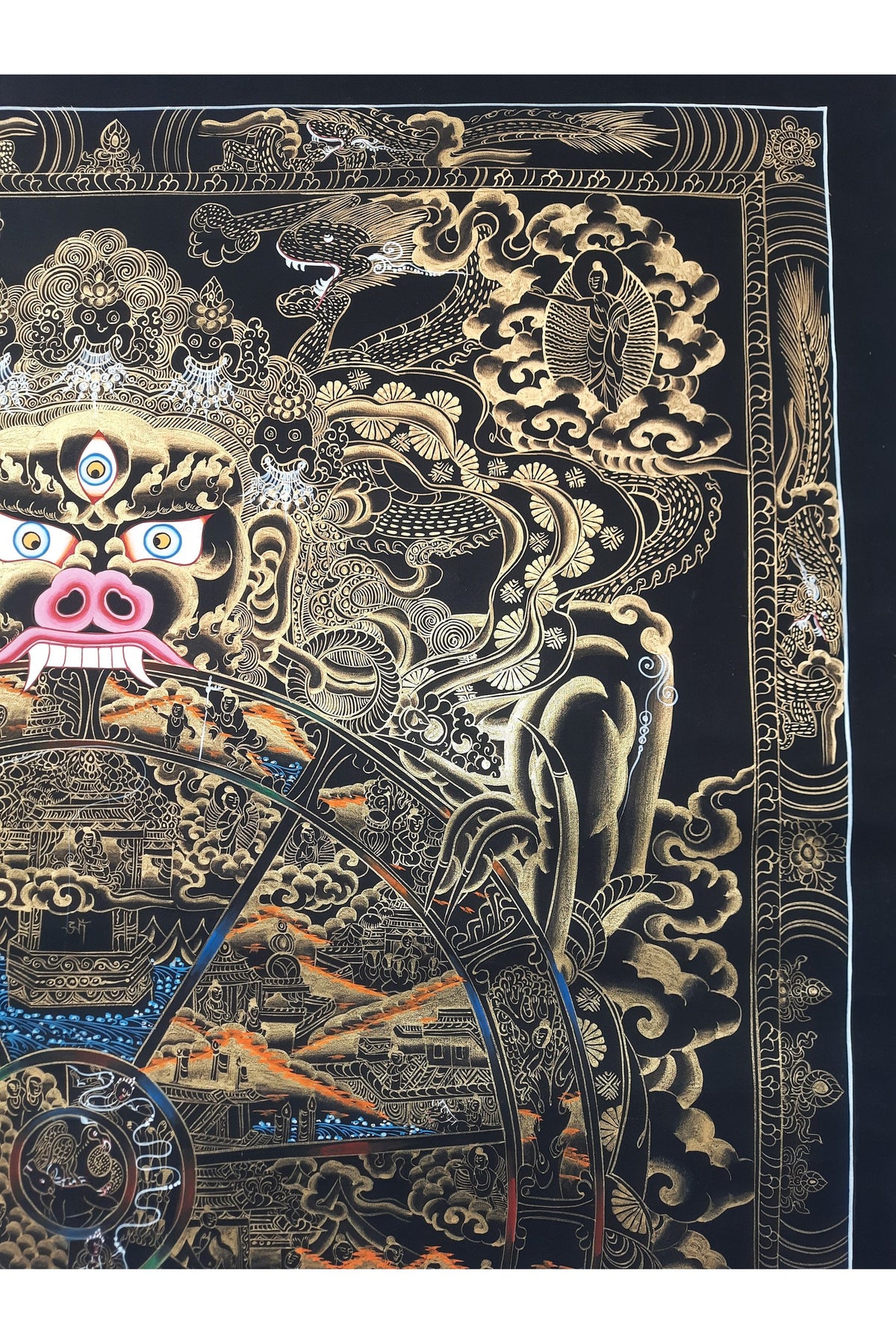 Hand Painted Wheel Of Life Mandala, Tibetan Thangka Painting, Black and Gold