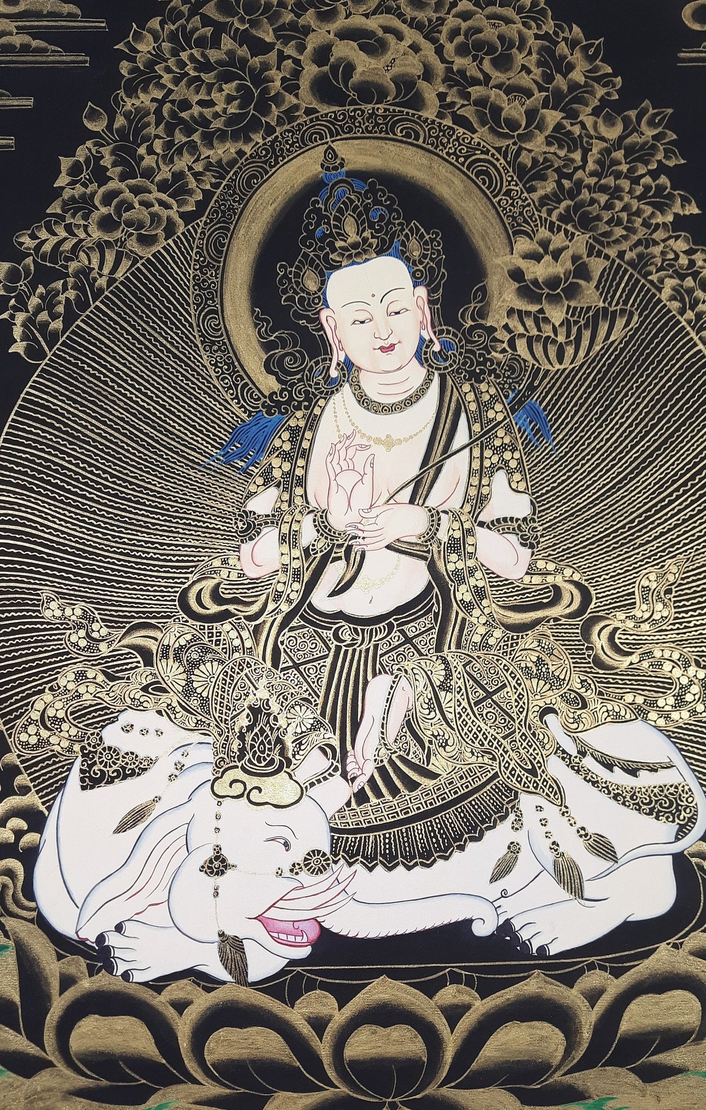 Hand-Painted Pu Xian Thangka: Kindness Buddha Painting, Tibetan Art