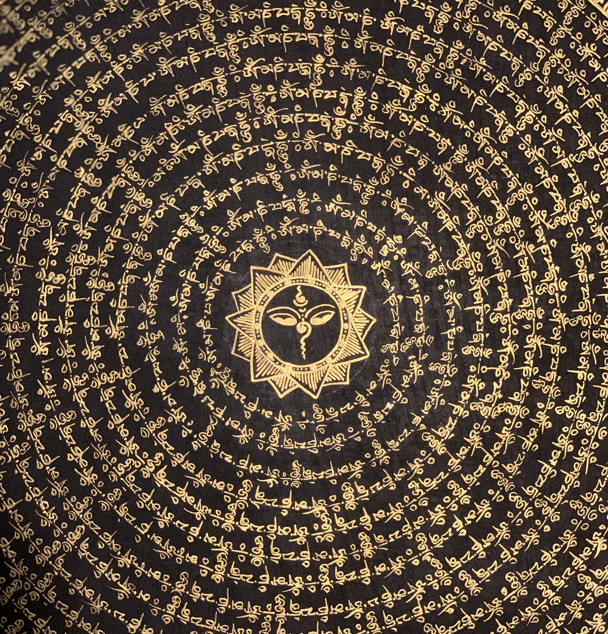 Tibetan Om Mandala Thangka Painting - Black & Gold Meditation Art