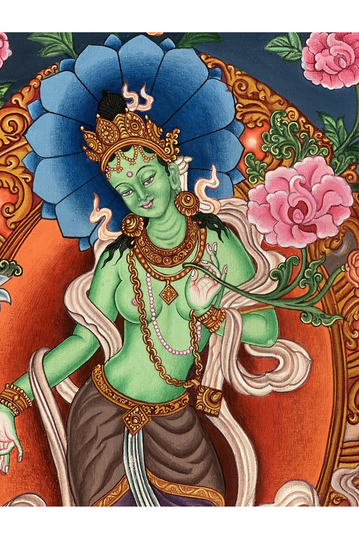 Green Tara Thangka Painting, Newari Paubha Art, Handmade Cotton Canvas