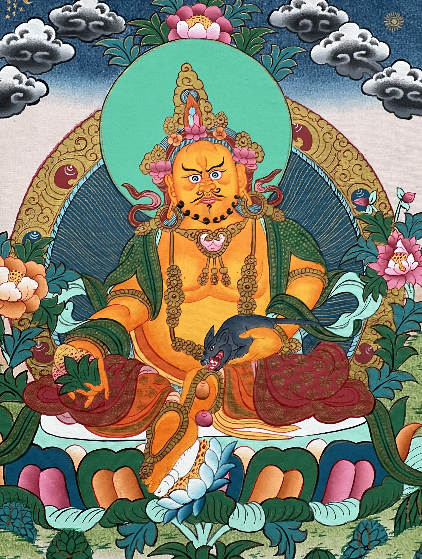 Hand-Painted Jambhala Thangka Painting with Khadi Silk Brocade