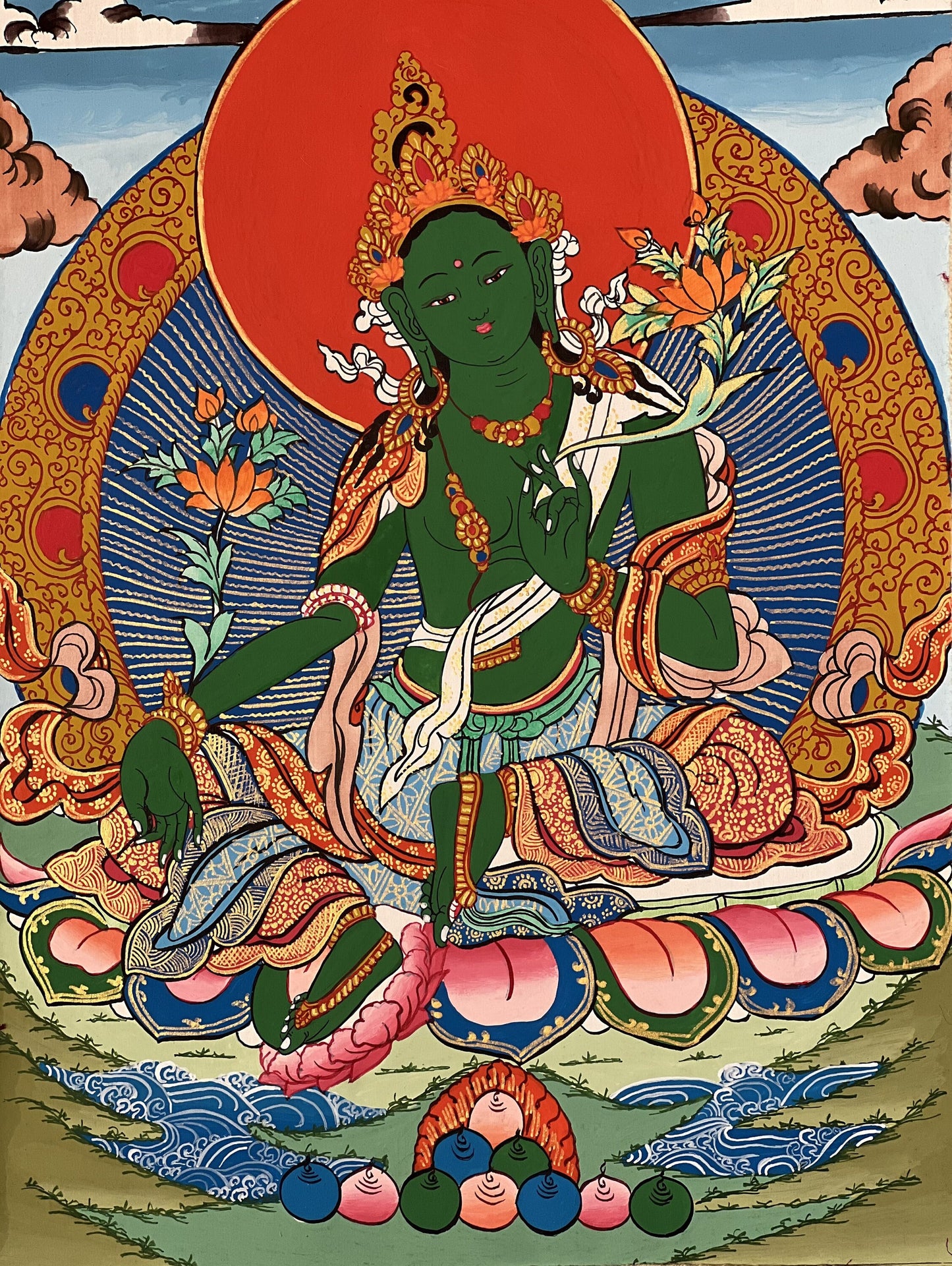 Green Tara Thangka Painting, Hand-Painted Tibetan Art with Silk Brocade