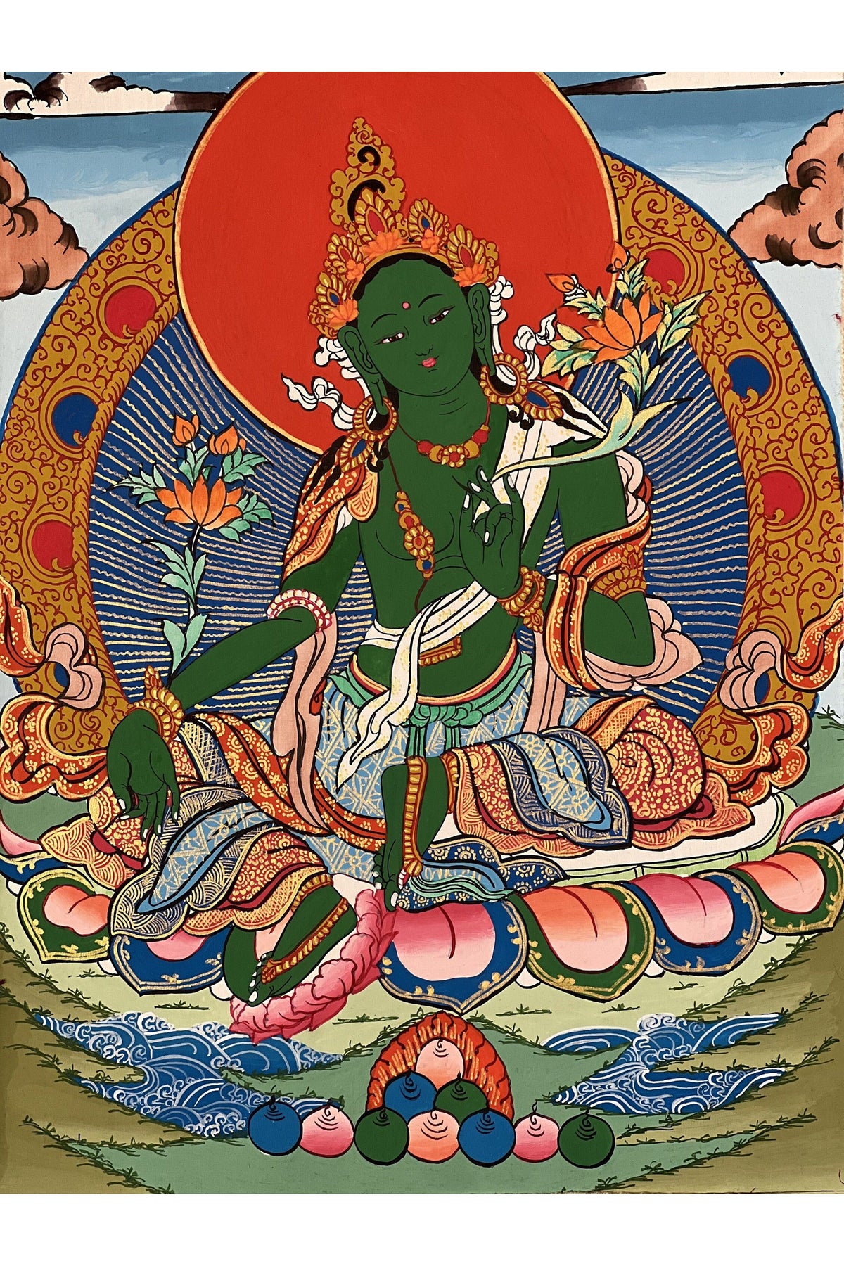 Green Tara Thangka Painting, Hand-Painted Tibetan Art with Silk Brocade
