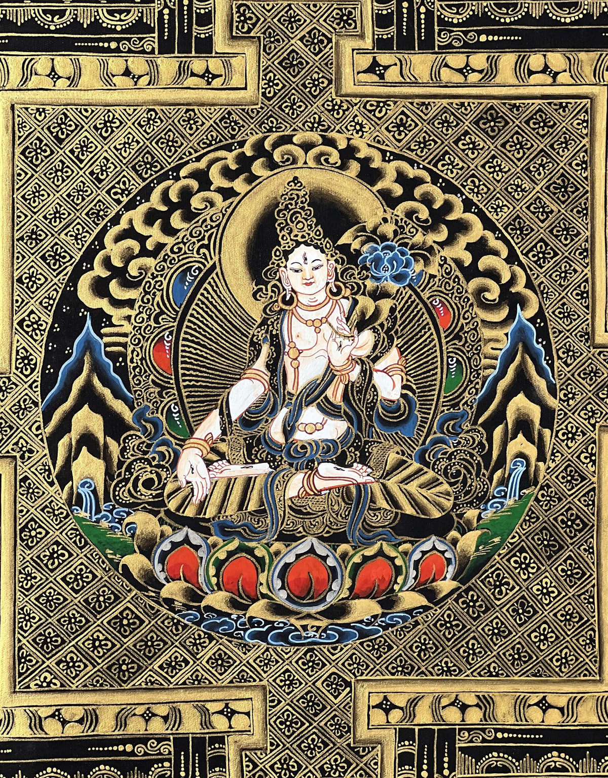 Hand-Painted White Tara Mandala Thangka, Tibetan Art