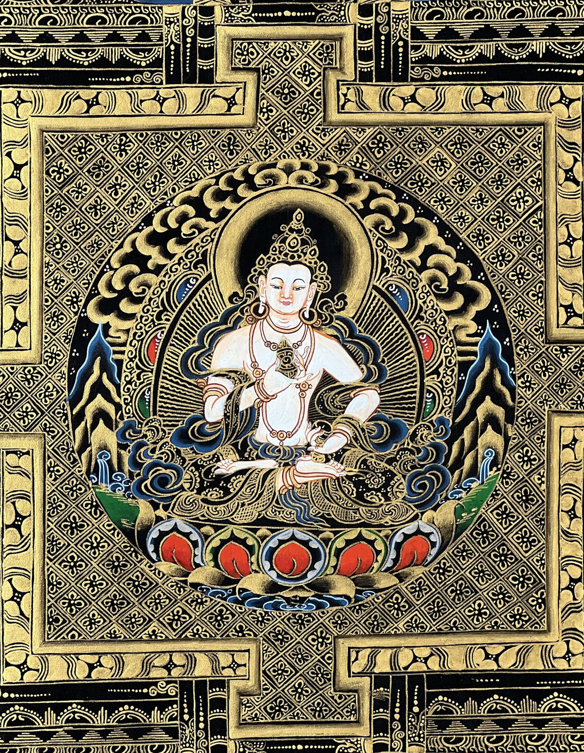 Vajrasattva Mandala Thangka Painting, Black and Gold Buddhist Art