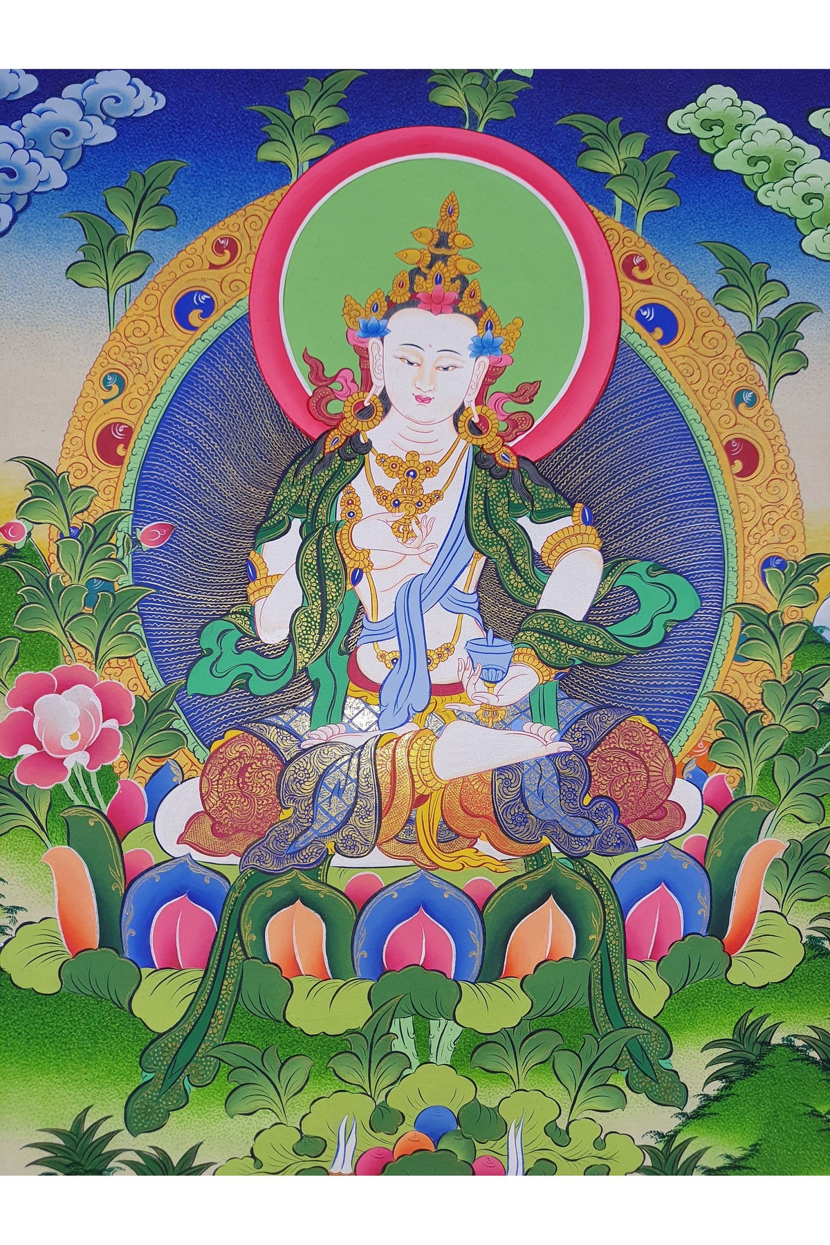 Hand-Painted Vajrasattva Thangka – Gold Tibetan Meditation Art