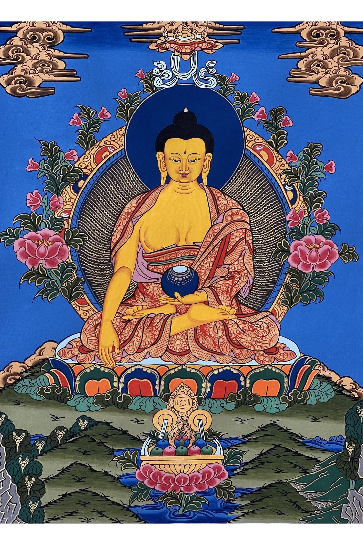 Hand-Painted Shakyamuni Buddha Thangka | Silk Brocade, Spiritual Wall Art