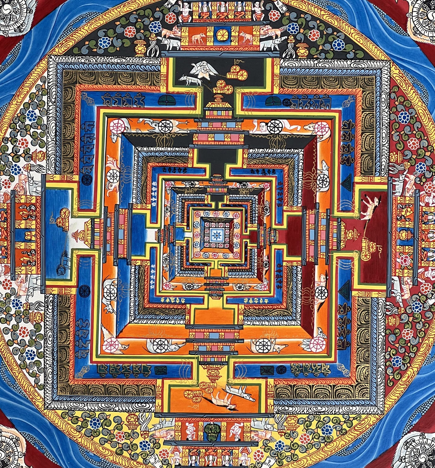 Hand-Painted Kalachakra Mandala Thangka 24x24 inch | Authentic Tibetan Buddhist Art on Cotton Canvas