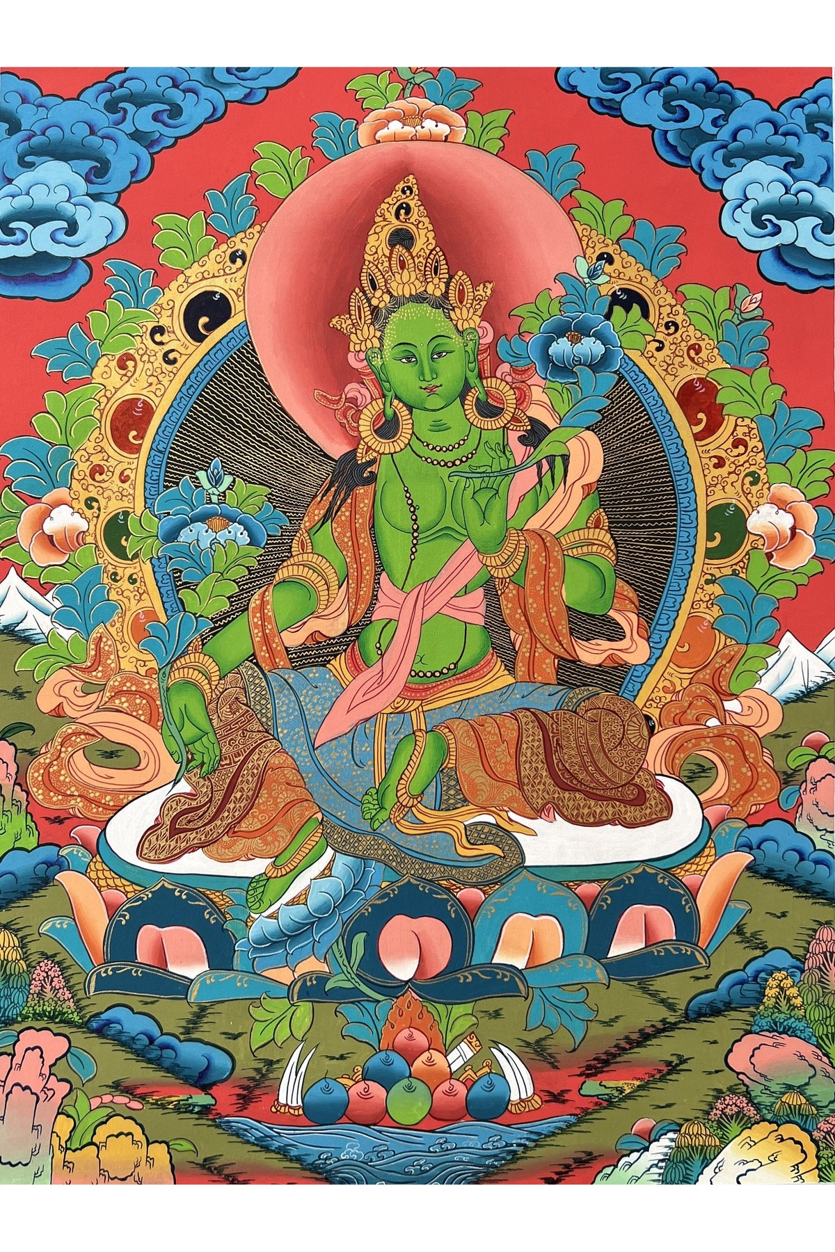 Hand-Painted Green Tara Thangka - Tibetan Goddess of Compassion and Protection with Silk Brocade