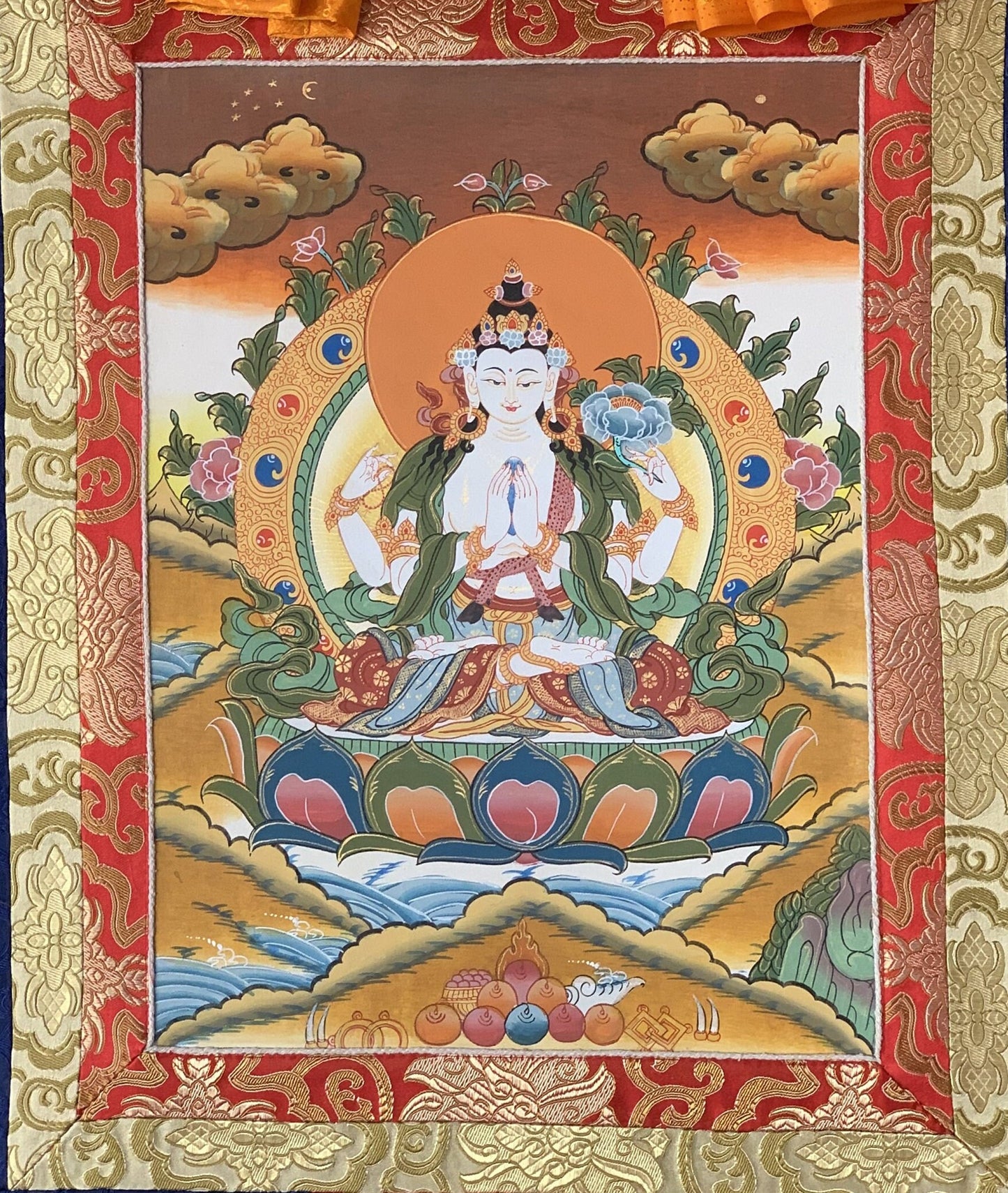 Original Hand-painted Master Quality Chyangresi/ Chenrezig/Avalokiteshavara Thangka Painting, Meditation Art With Silk Brocade