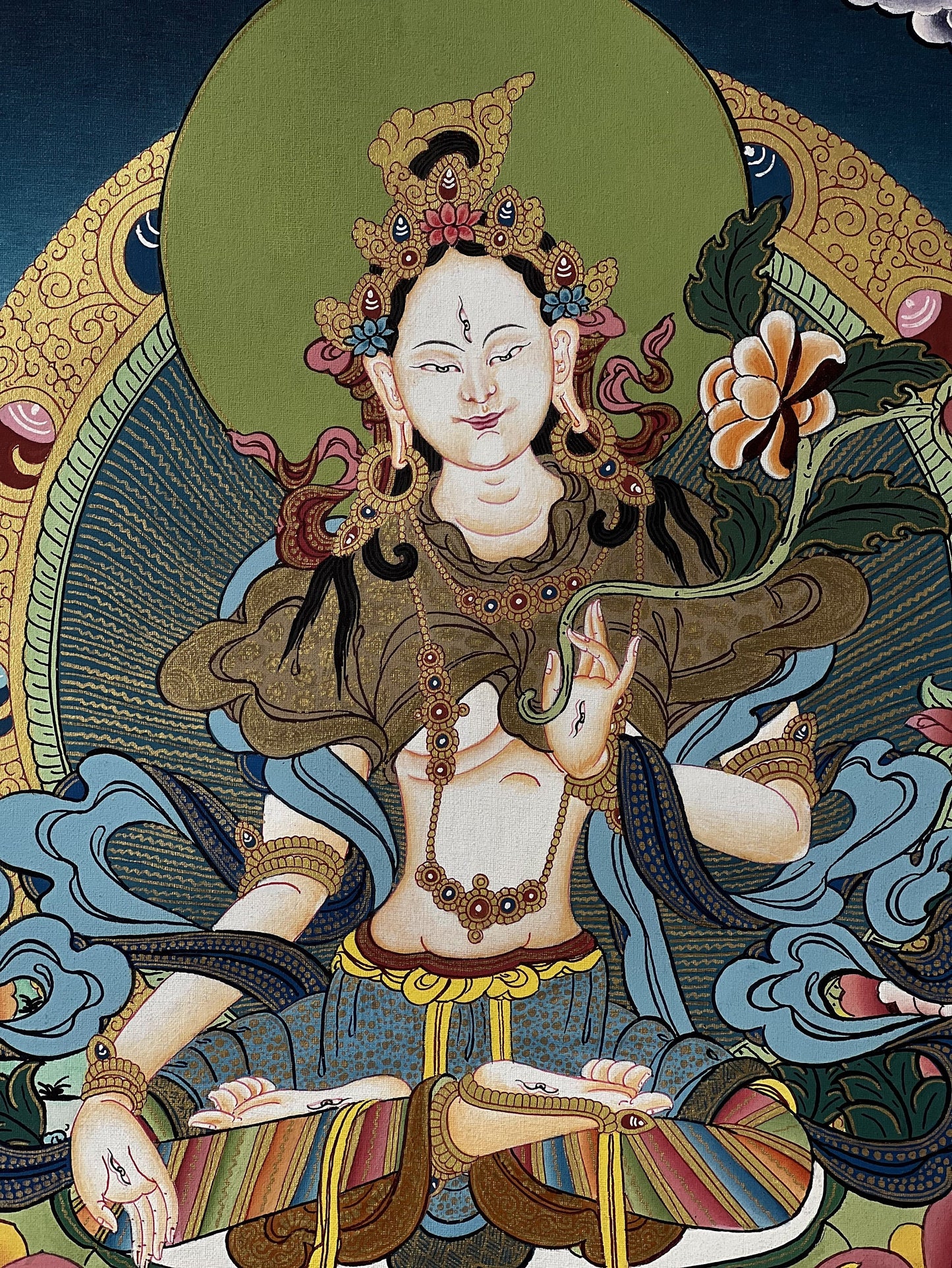 Hand-Painted White Tara Thangka, Mother Goddess Meditation Art