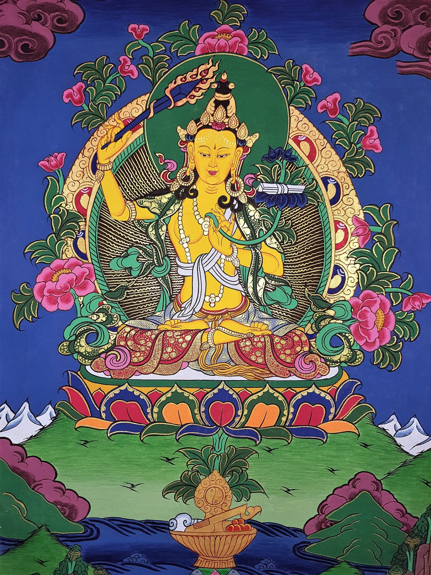 Hand-Painted Manjushri Thangka Painting, God of Wisdom - Tibetan Art, Silk Framed