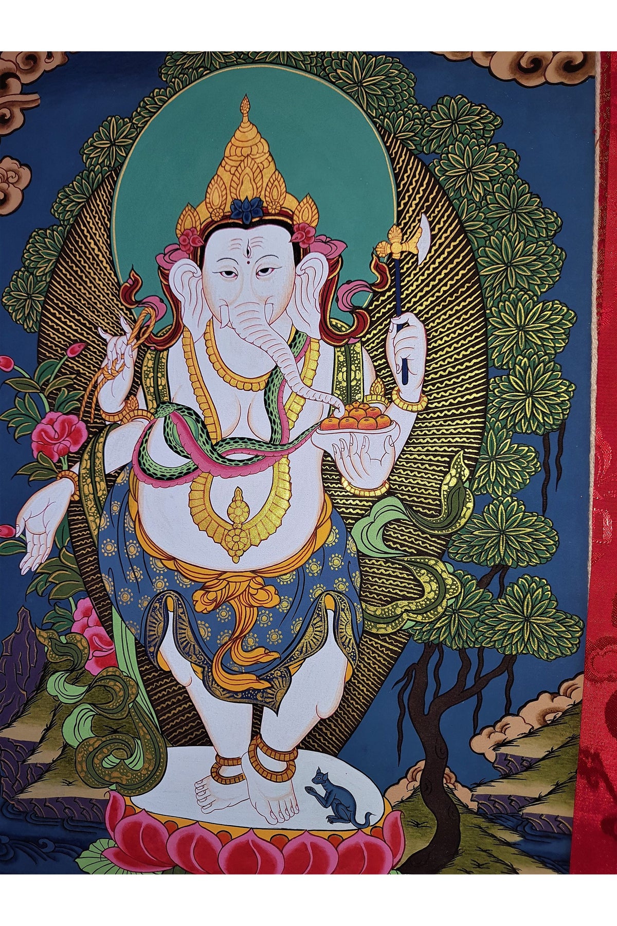 Hand-Painted Four Armed Ganesha Thanka Painting with Silk Brocade
