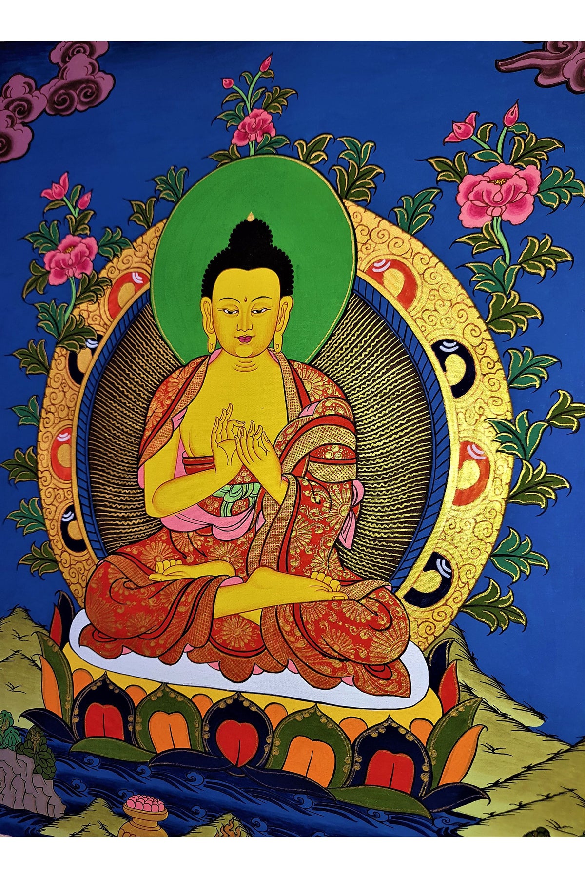 Hand-Painted Vairochana Thangka Painting with Silk Frame