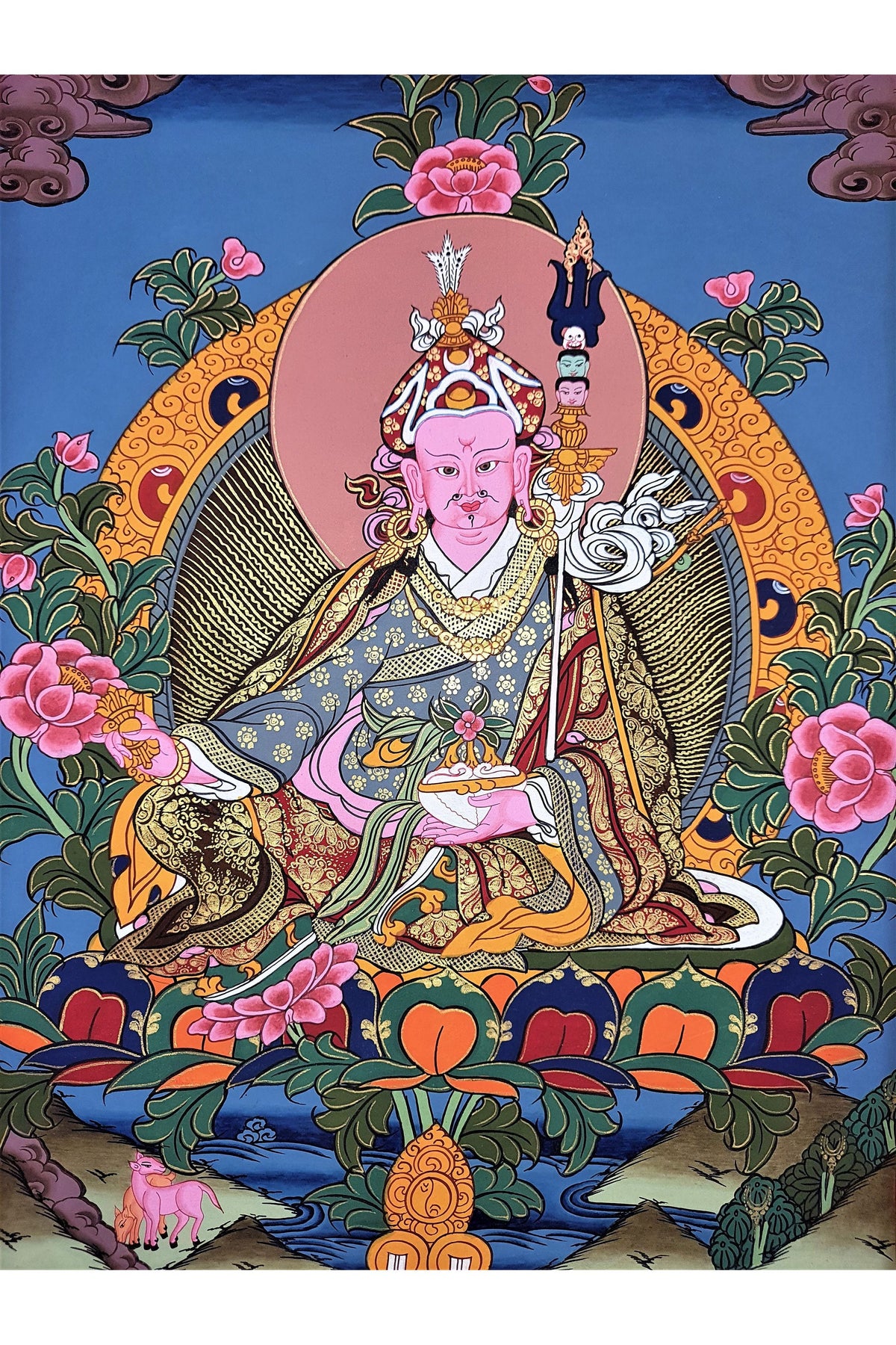 Guru Rinpoche Thangka Painting, Gold Tibetan Art with Silk Frame