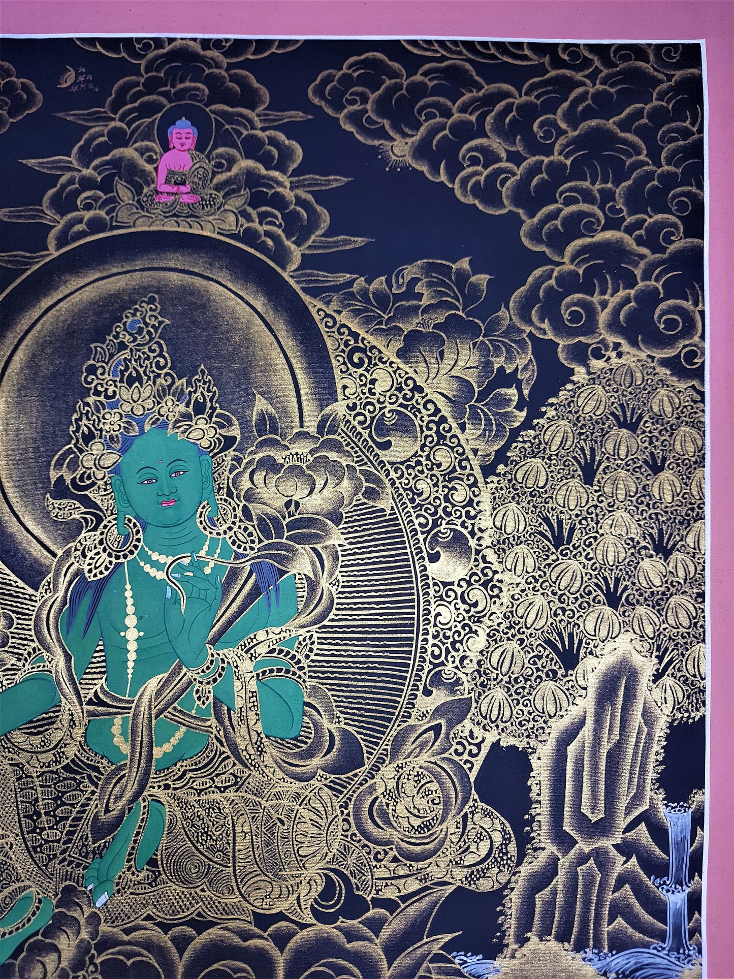 Green Tara Thangka Painting, 24K Gold, Buddhist Wall Hanging