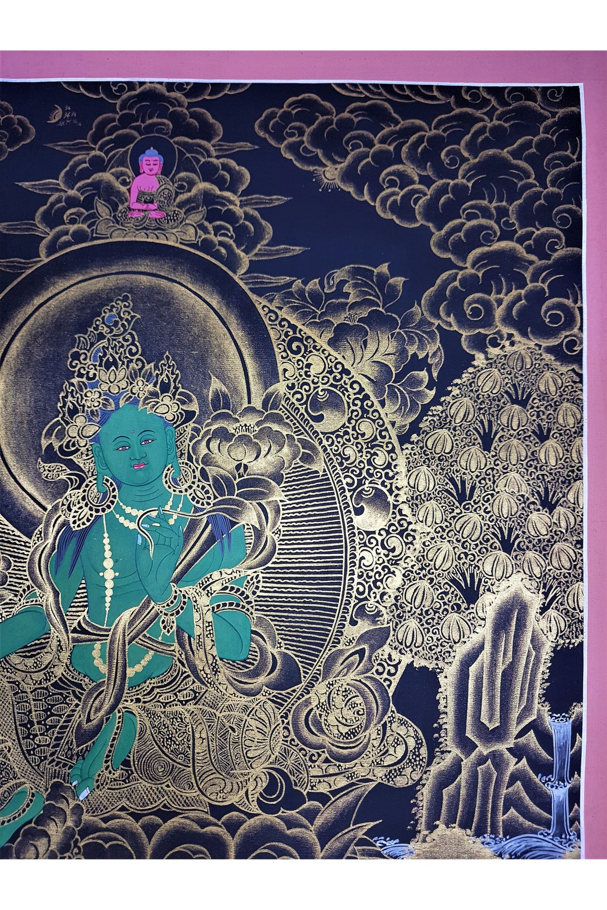 Green Tara Thangka Painting, 24K Gold, Buddhist Wall Hanging