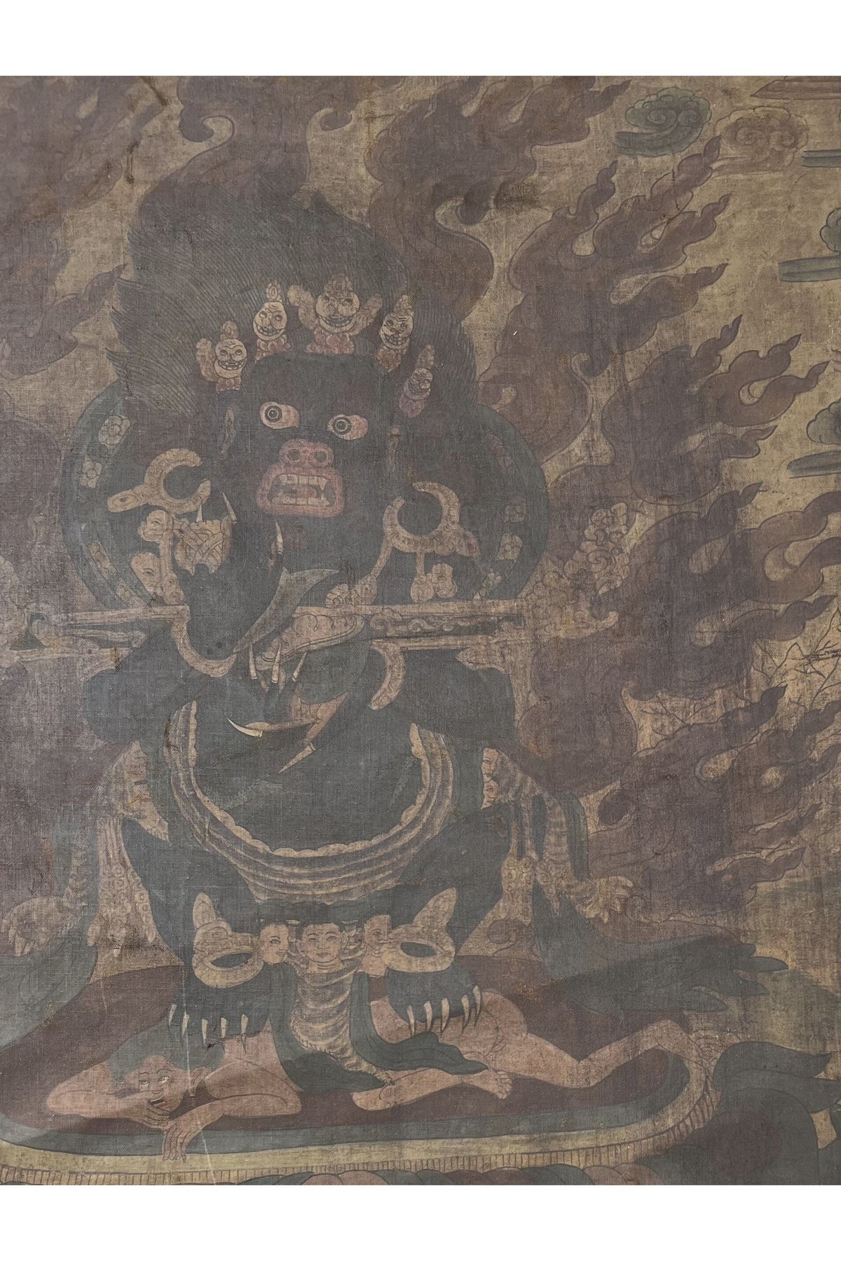 Black Mahakala/Mahankala/ Dharmapala Wrathful Diety Tibetan Thangka Painting- Vintage from 19th. Century