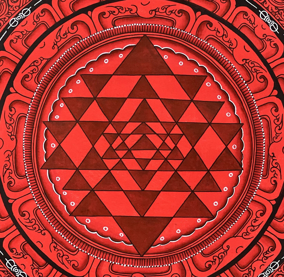 Hand-Painted Shri Yantra Mandala Thangka Painting, 12x12"