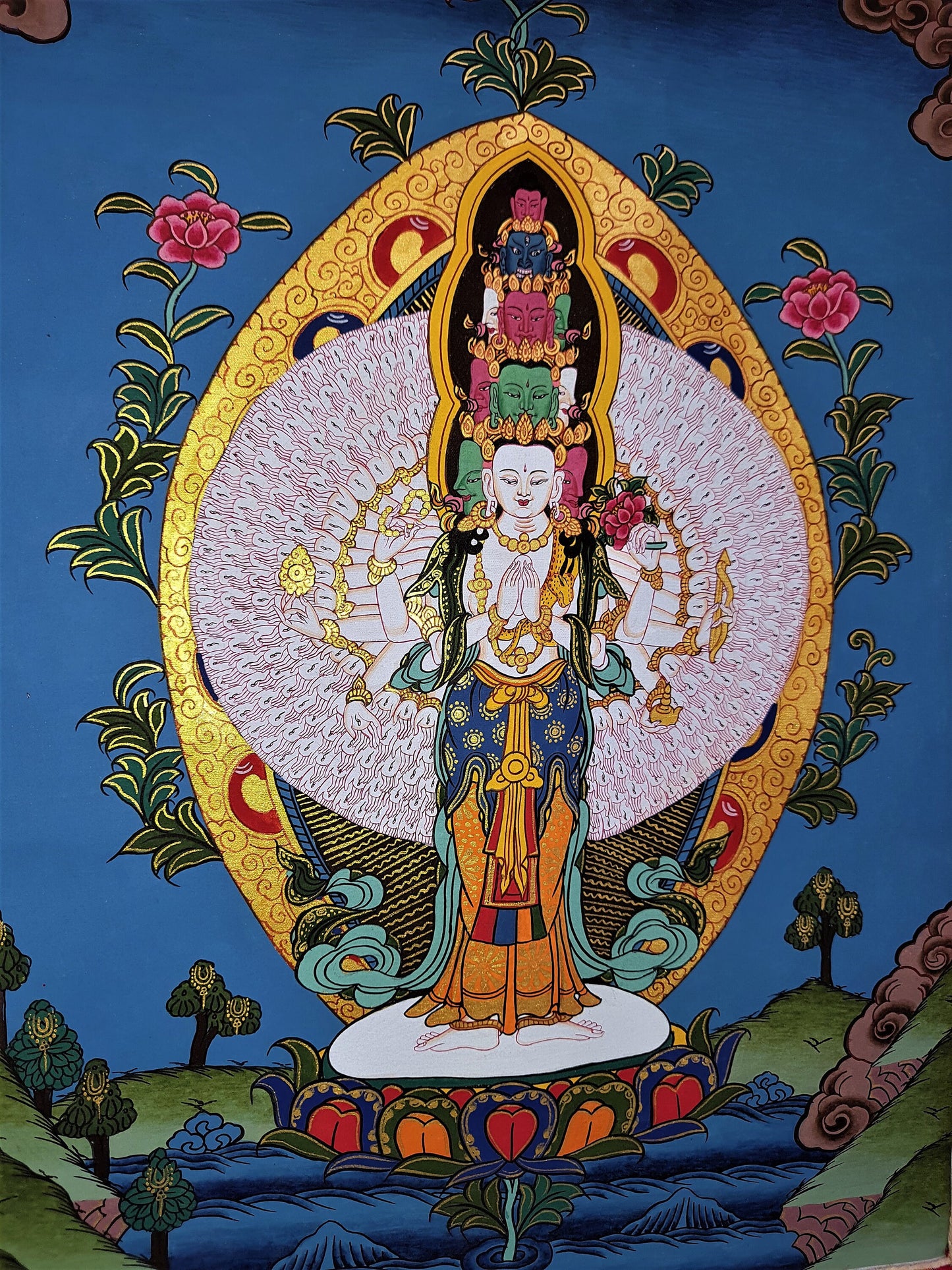 Hand-Painted Sahastrabhuja Avalokiteshvara Thangka, Silk Framed