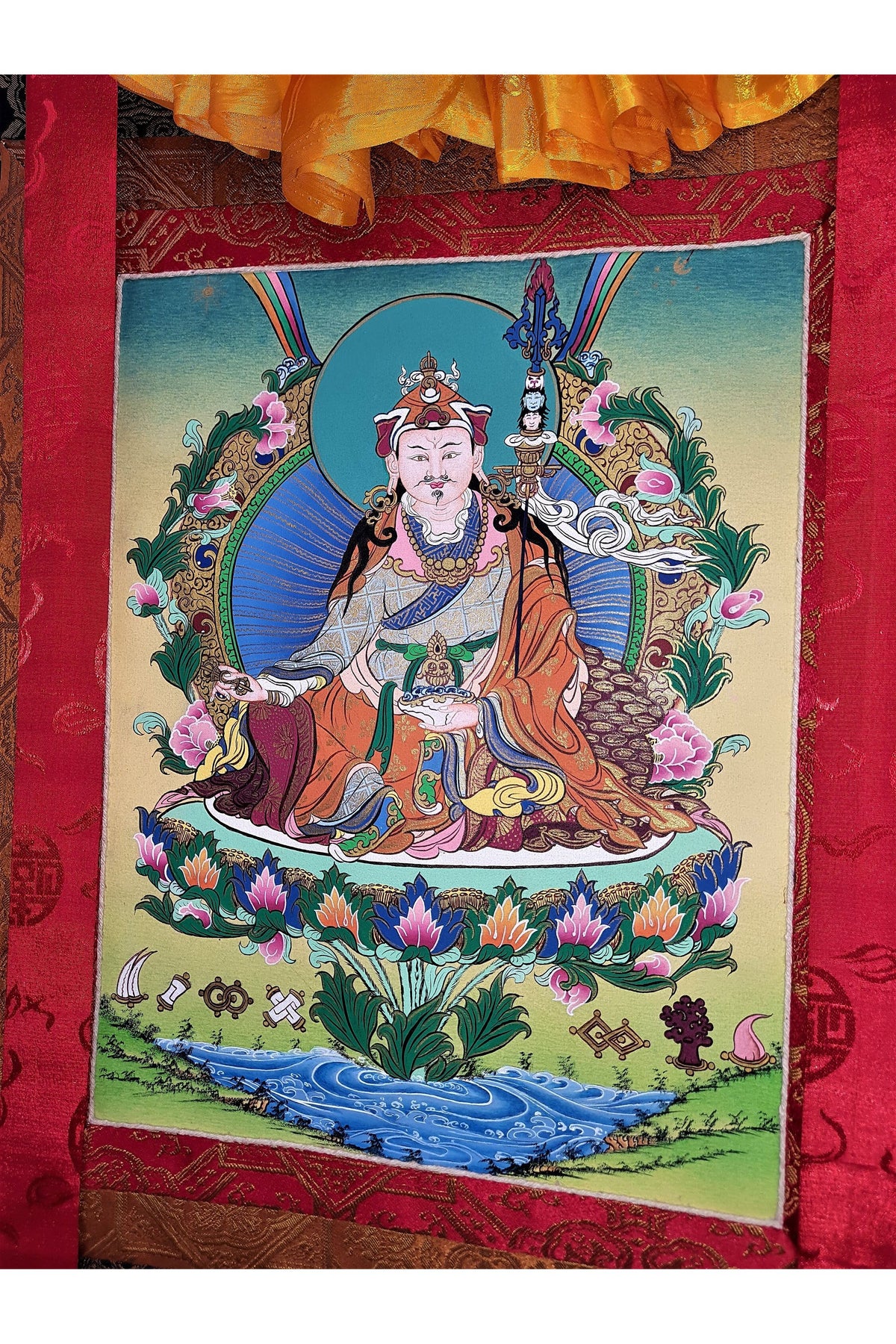Guru Rinpoche Thangka Painting, 24k Gold, Tibetan Silk Brocade