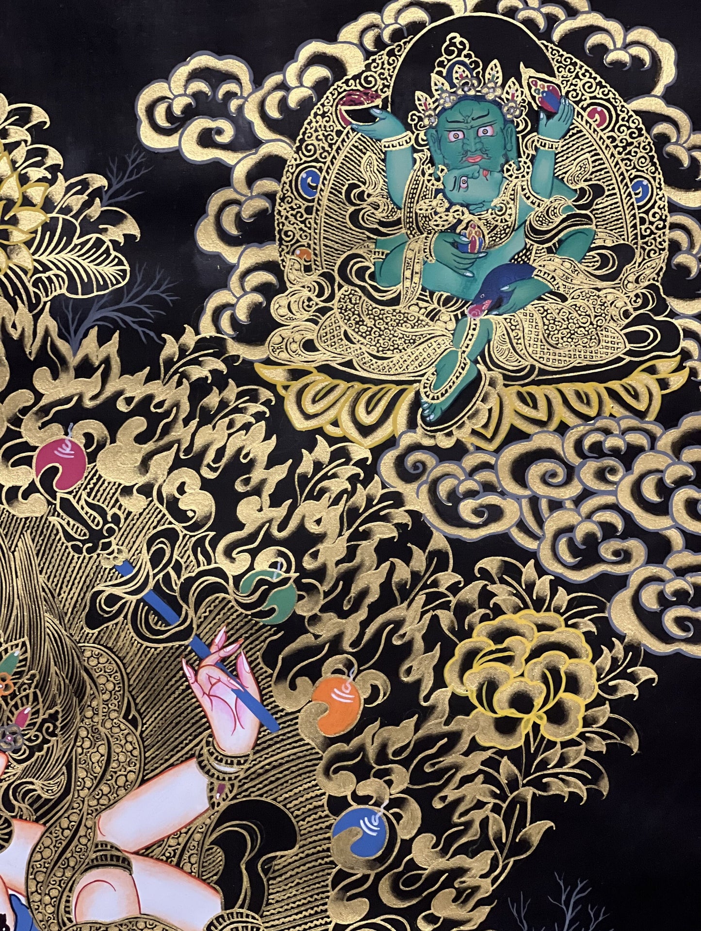 White Mahakala Thangka | Hand-Painted Six-Armed Wealth Protector Tibetan Art (Large Size)