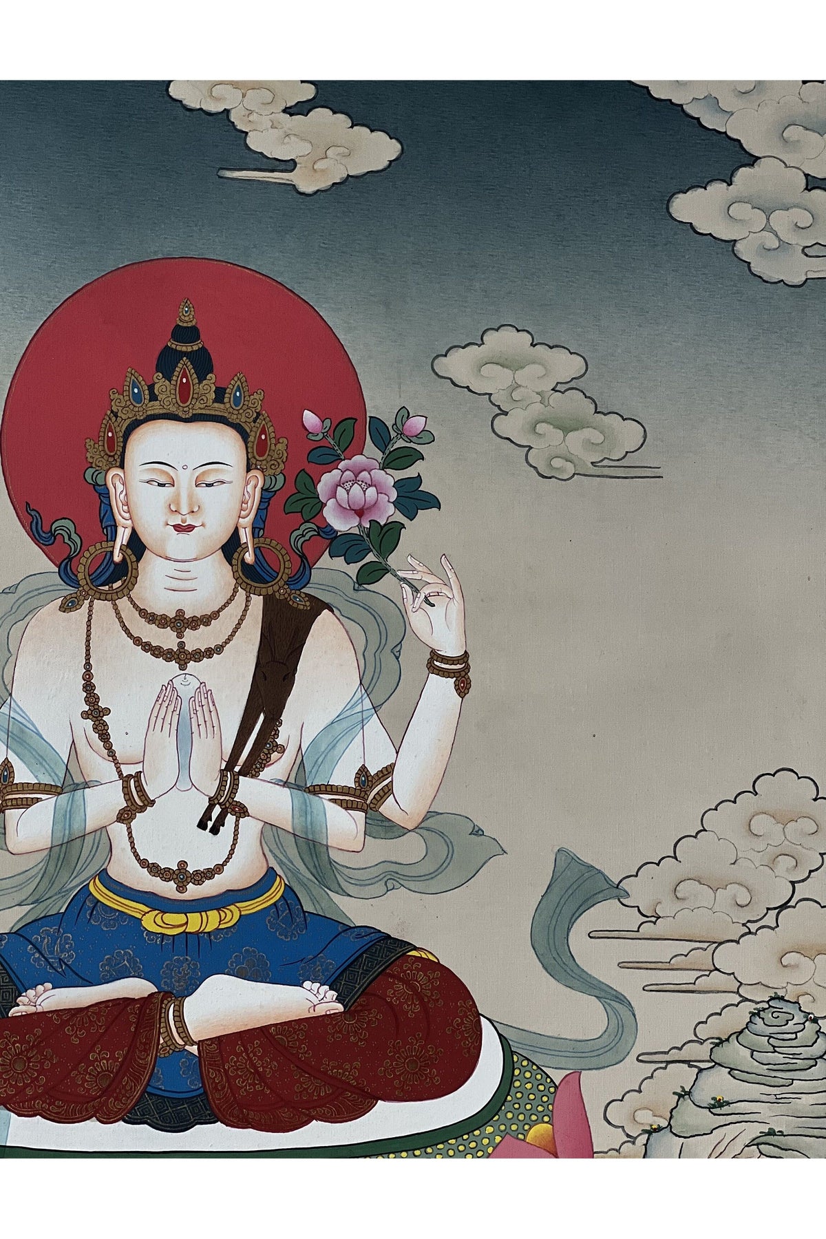 Chenrezig Four Armed Thangka Karma Gadri Style Hand Painted Tibetan Buddhist Art