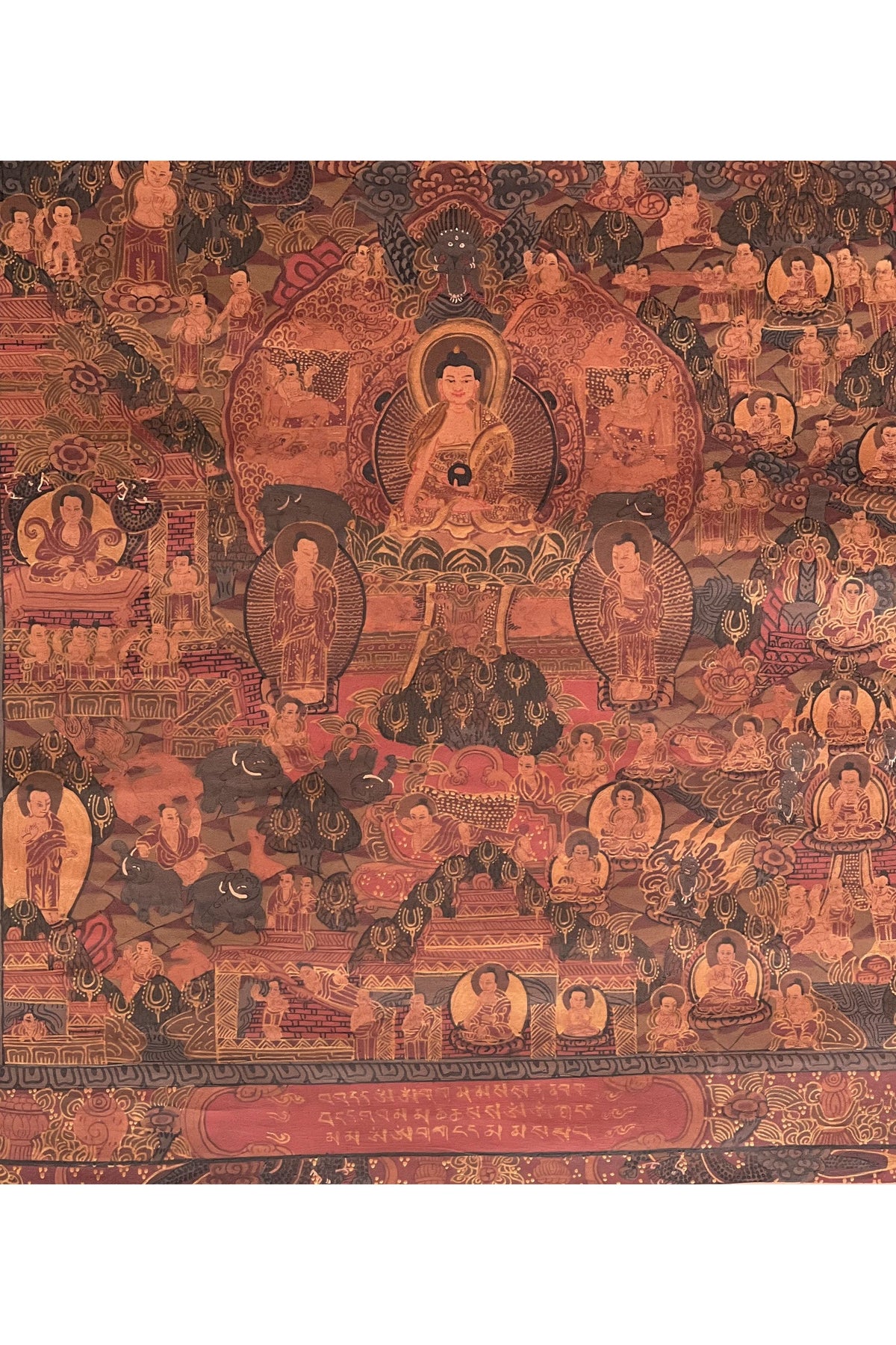 Hand-Painted Buddha Life Mandala Thangka Painting with Silk Border