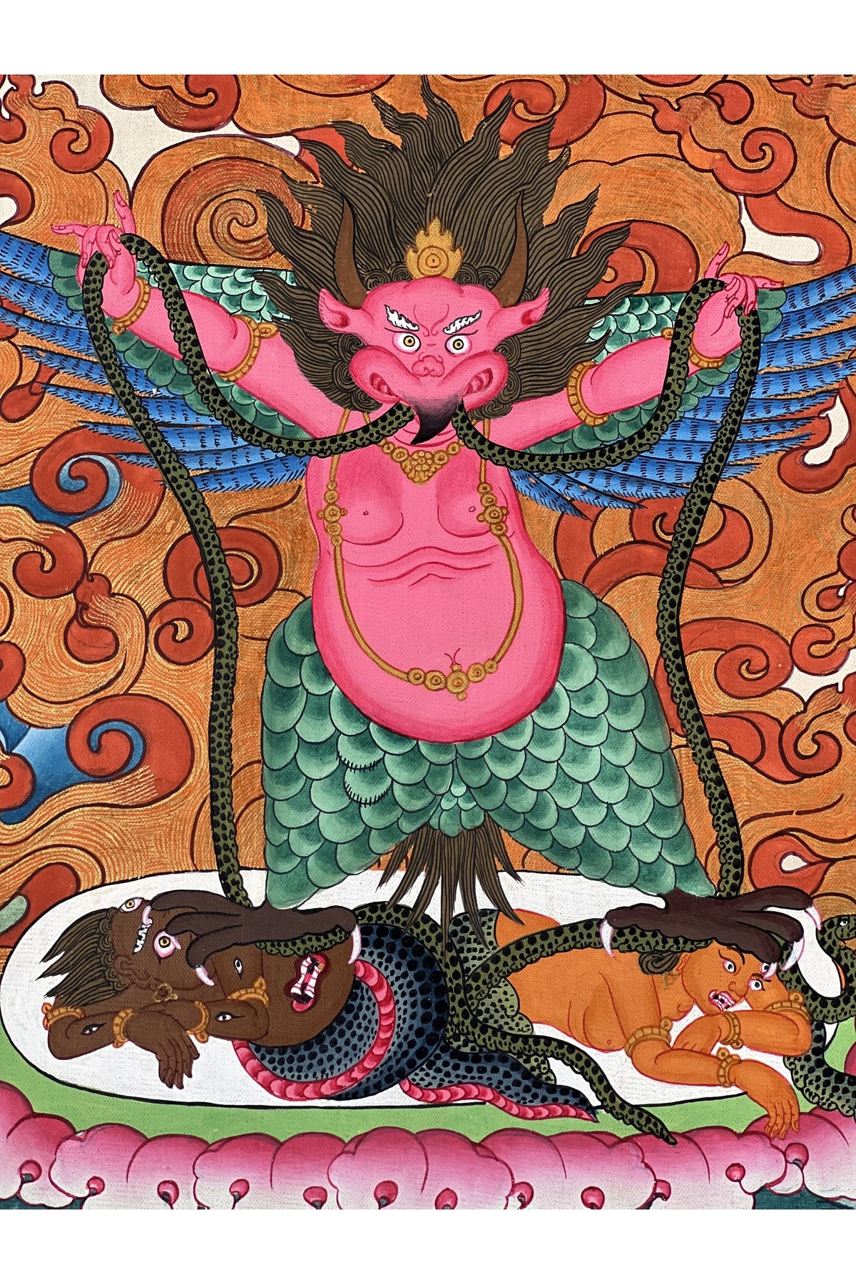 Hand-Painted Garuda Thangka Painting | Celestial Deva Man Art | Original Hindu Wall Decor