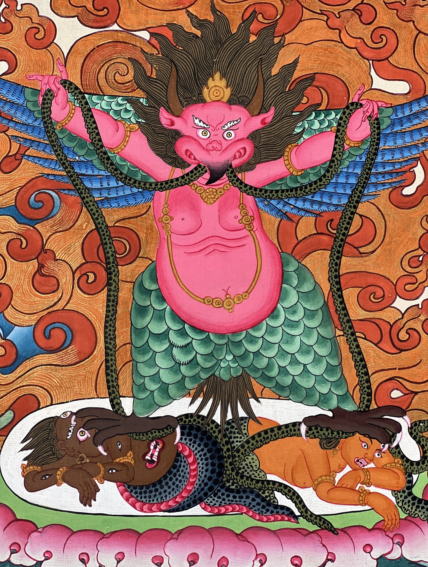 Hand-Painted Garuda Thangka Painting | Celestial Deva Man Art | Original Hindu Wall Decor