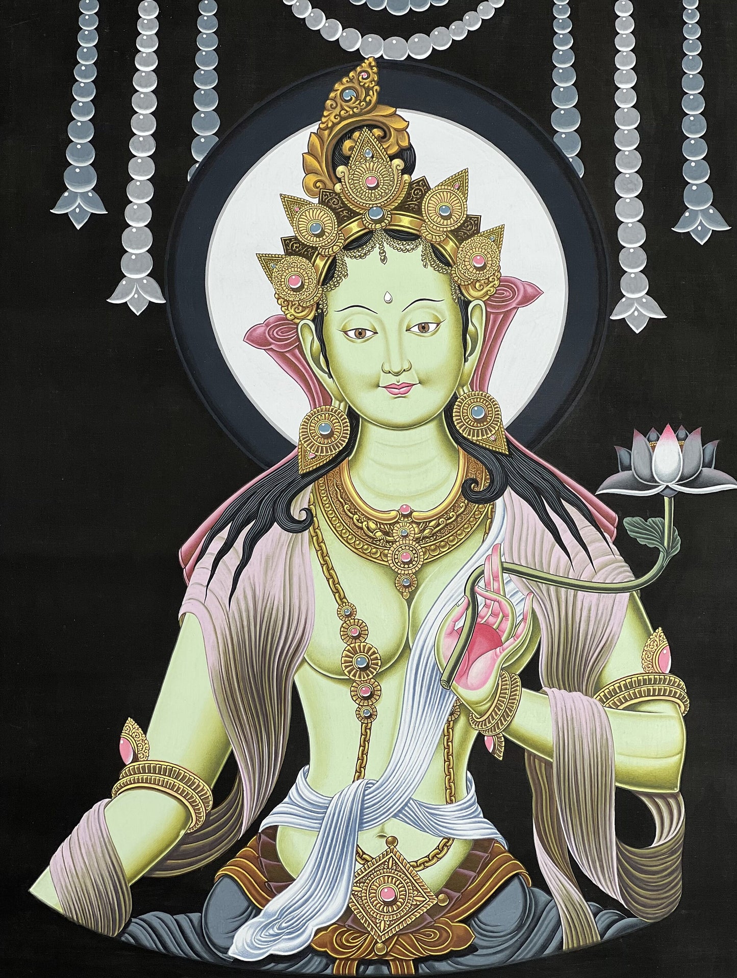 Green Tara Newari Paubha | Hand-Painted Tibetan Thangka Art | Nepal Sacred Painting | Buddhist Wall Decor
