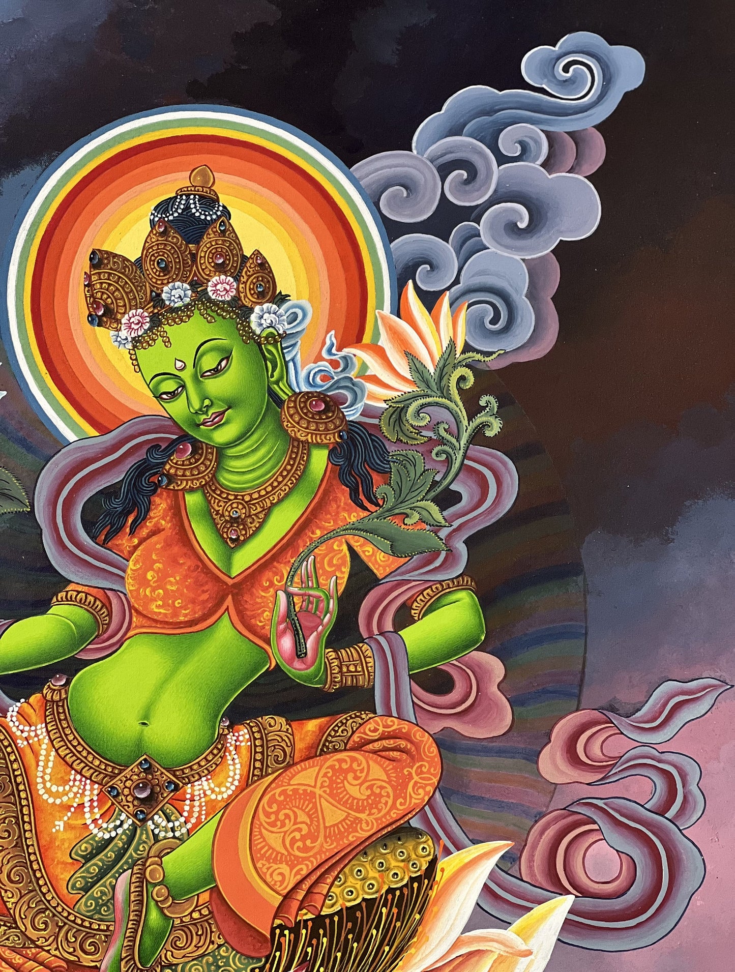 Green Tara Thangka Painting, Newari Paubha Art, Hand-Painted on Cotton Canvas
