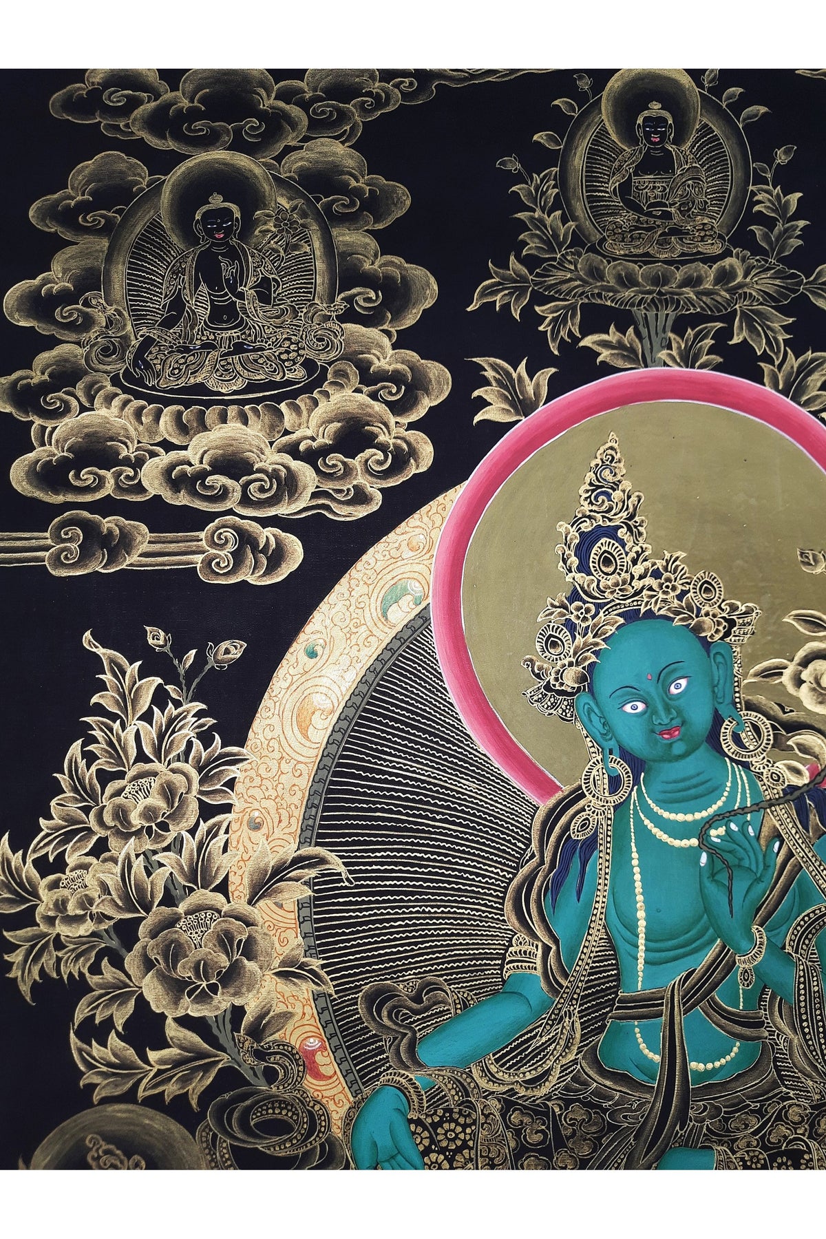 24K Gold Green Tara Thangka Painting, Hand-Painted Tibetan Art