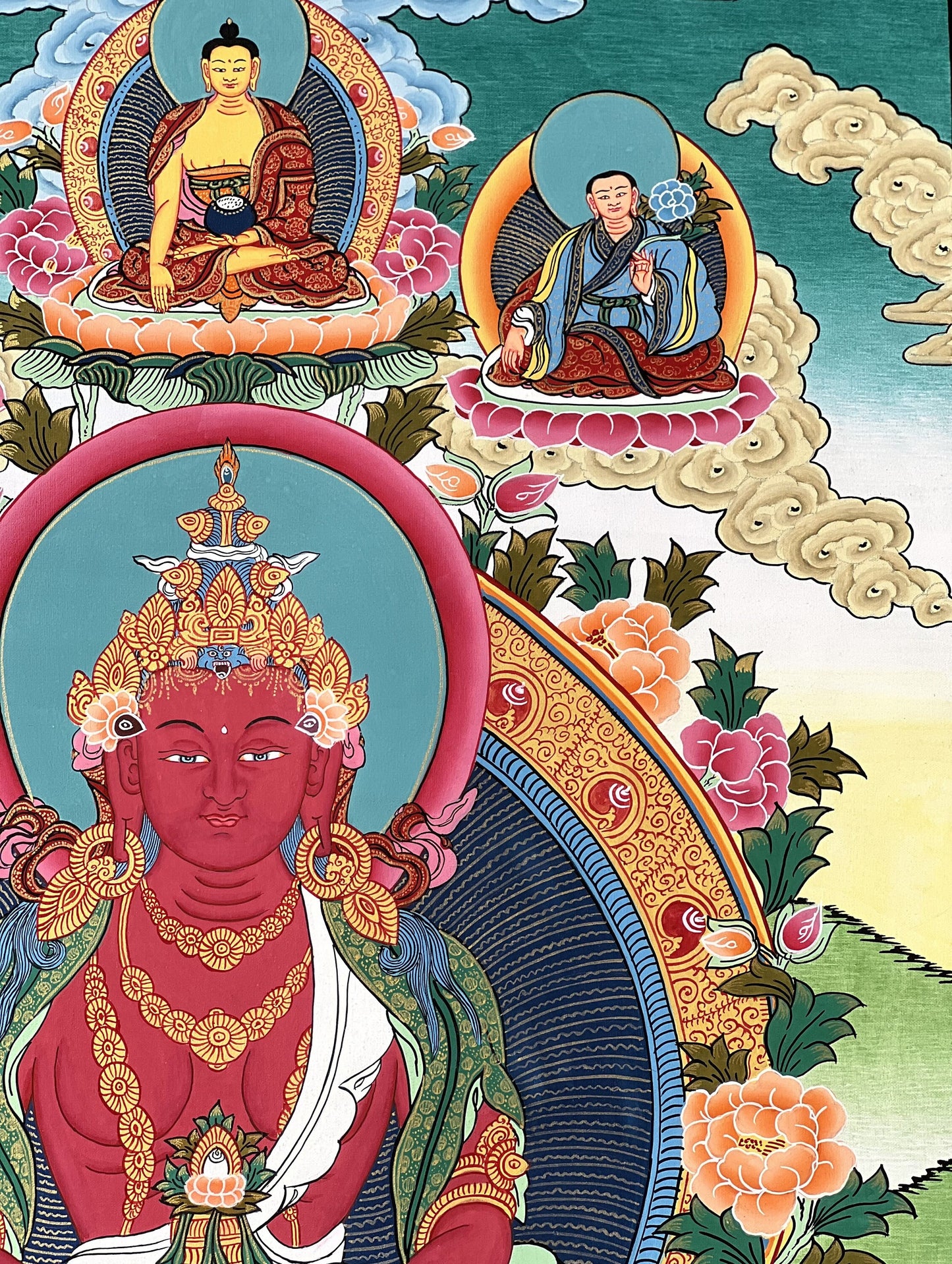 Hand-Painted Amitayus (Aparmita) Thangka | Longevity Buddha Tibetan Art | Meditation Wall Painting