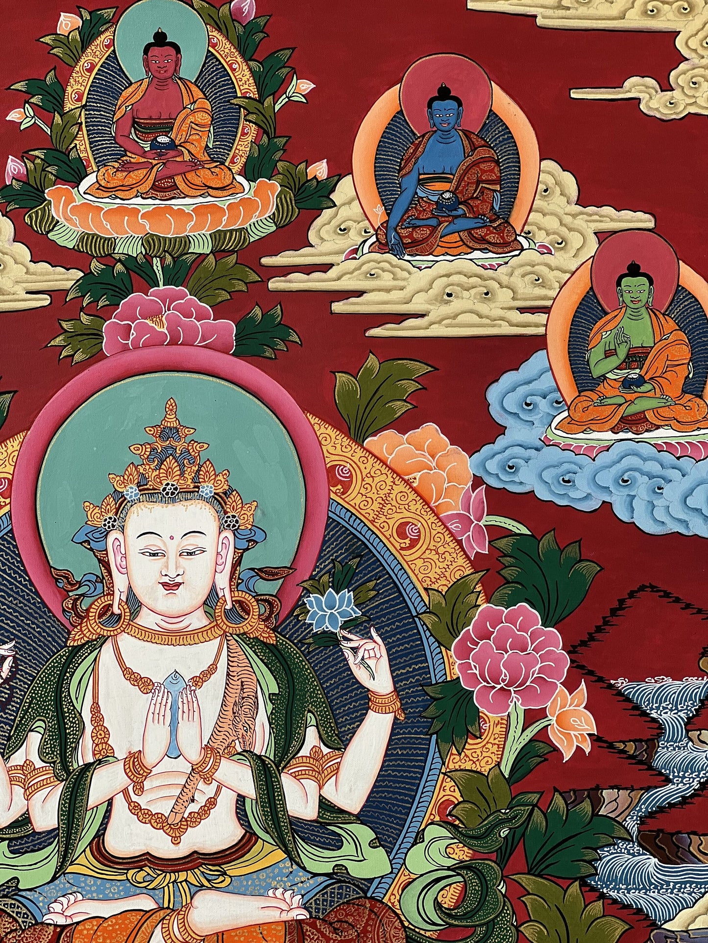 Pancha Buddha Thangka with Chenrezig in Center | Five Dhyani Buddhas Tibetan Hand-Painted Sacred Art