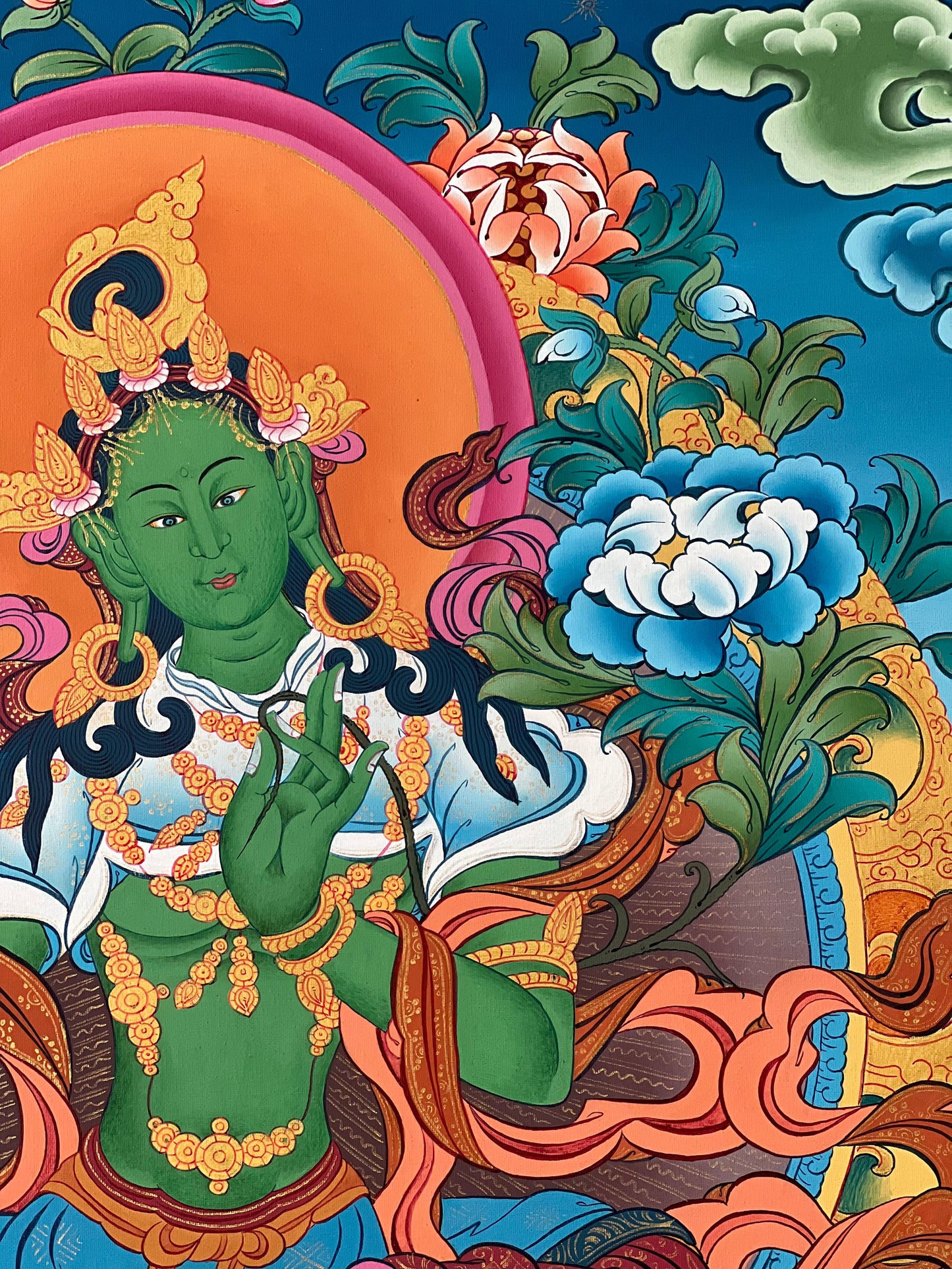 24K Gold Green Tara Thangka Painting | Hand-Painted Tibetan Buddhist Art | Master Quality Himalayan Artwork