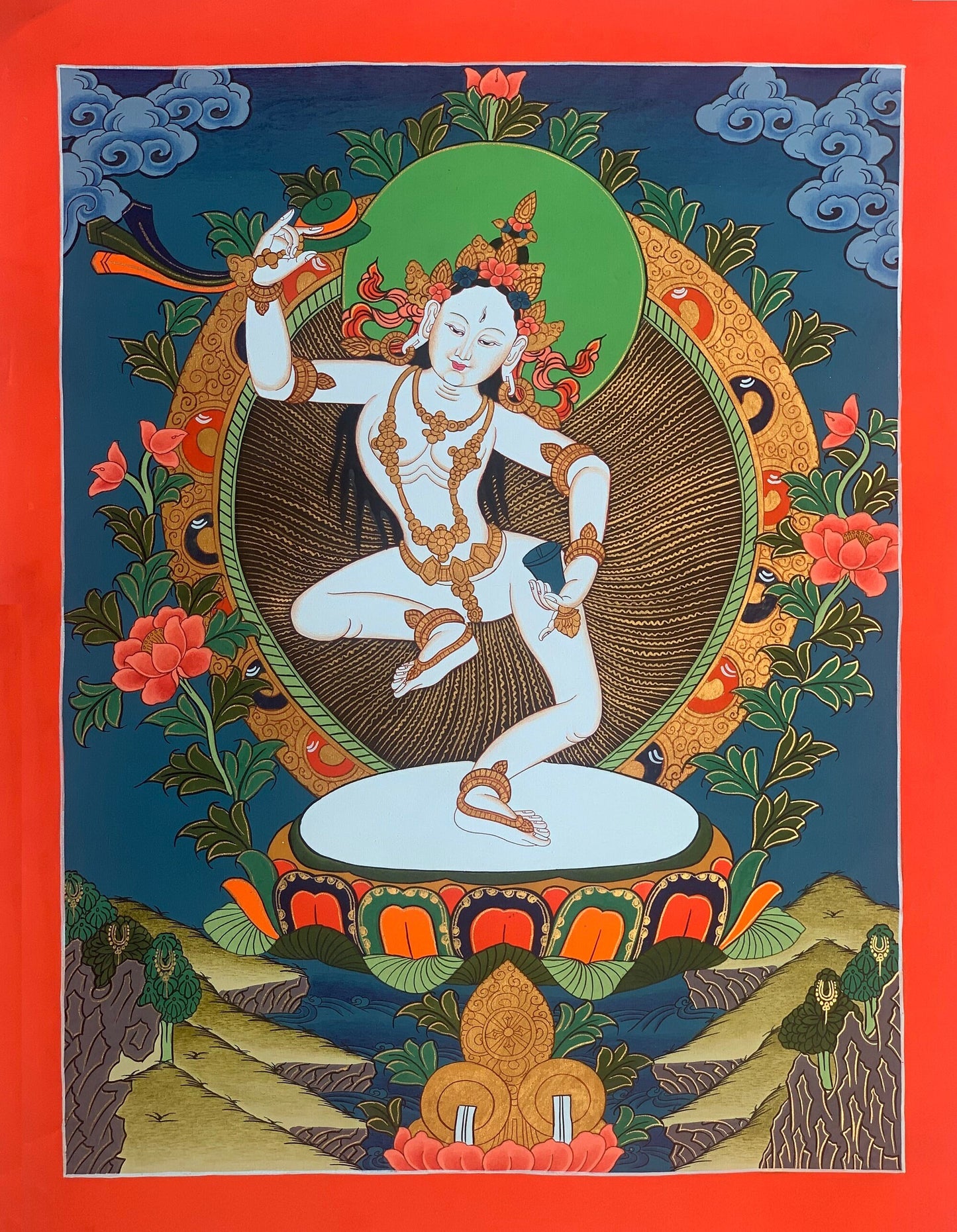 Machig Labdron Tibetan Thangka – Original Hand-Painted Art with Silk Brocade - For Chöd Practice