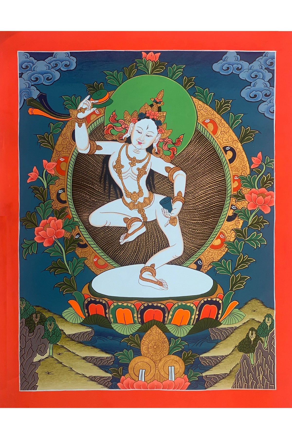 Machig Labdron Tibetan Thangka – Original Hand-Painted Art with Silk Brocade - For Chöd Practice