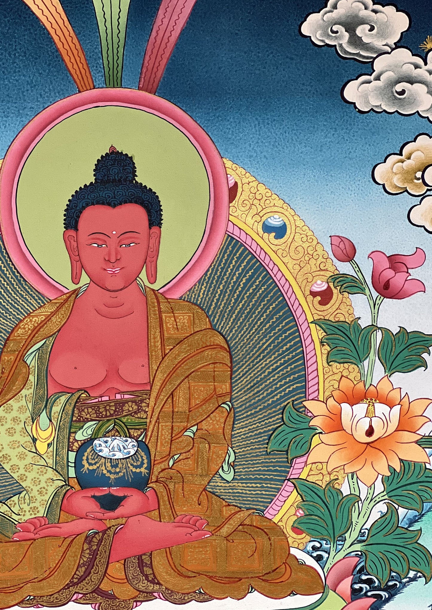Hand-Painted Amitabha Buddha Thangka | Tibetan Pure Land Art | Silk Brocade Masterpiece