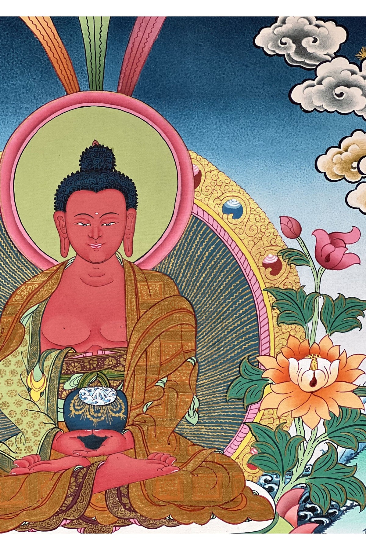 Hand-Painted Amitabha Buddha Thangka | Tibetan Pure Land Art | Silk Brocade Masterpiece