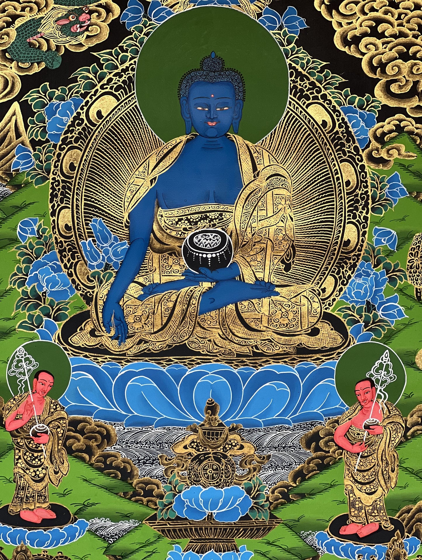 Hand-Painted Medicine Buddha Thangka, Tibetan Buddhist Art with Silk Brocade