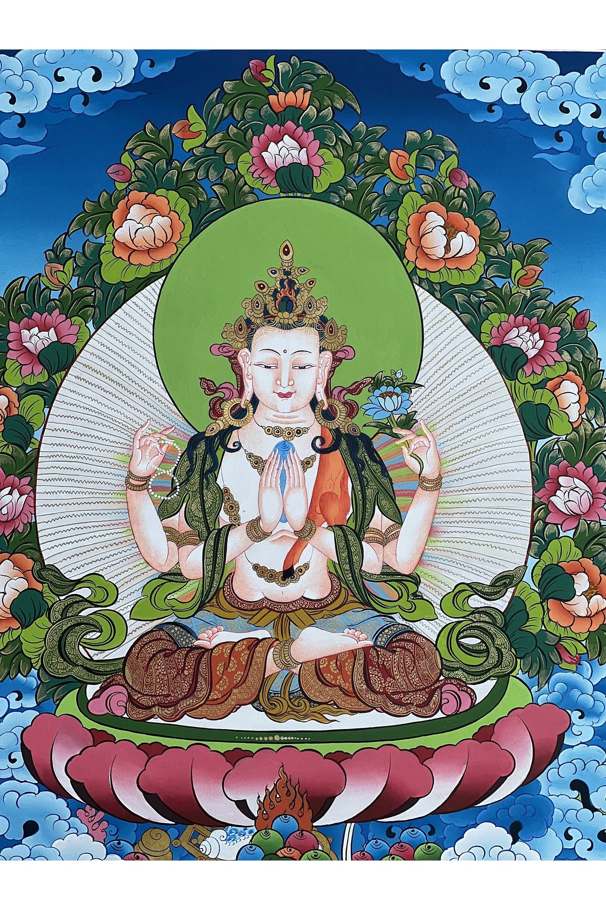 Four Armed Avalokiteshvara Chenrezig Thangka Hand Painted Tibetan Buddhist Art