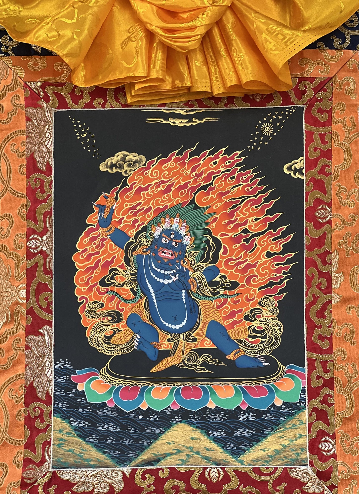 Vajrapani Thangka Painting | Hand-Painted Tibetan Buddhist Protector with Silk Frame