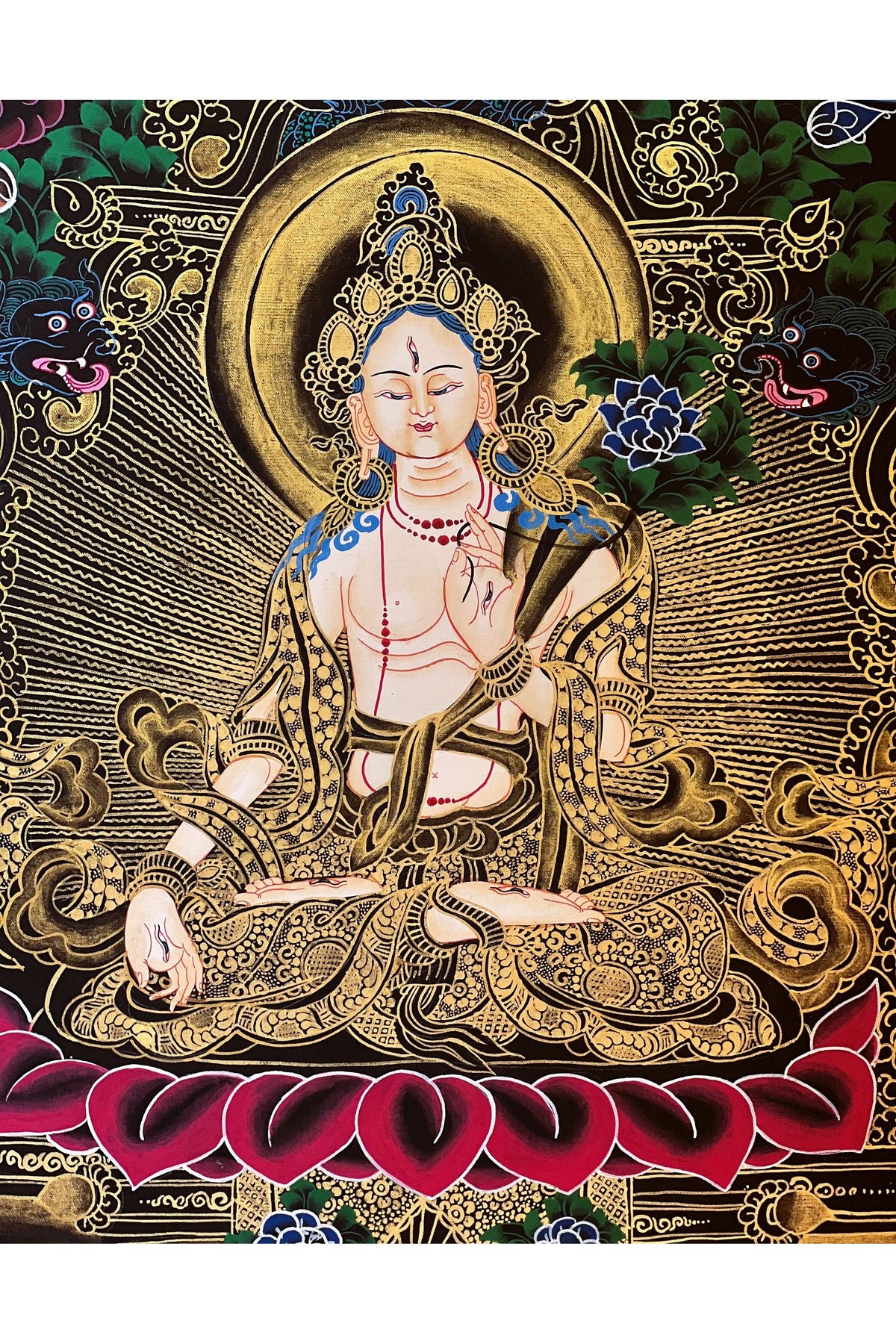 Hand-Painted White Tara Thangka, Mother Goddess Art with Silk Brocade