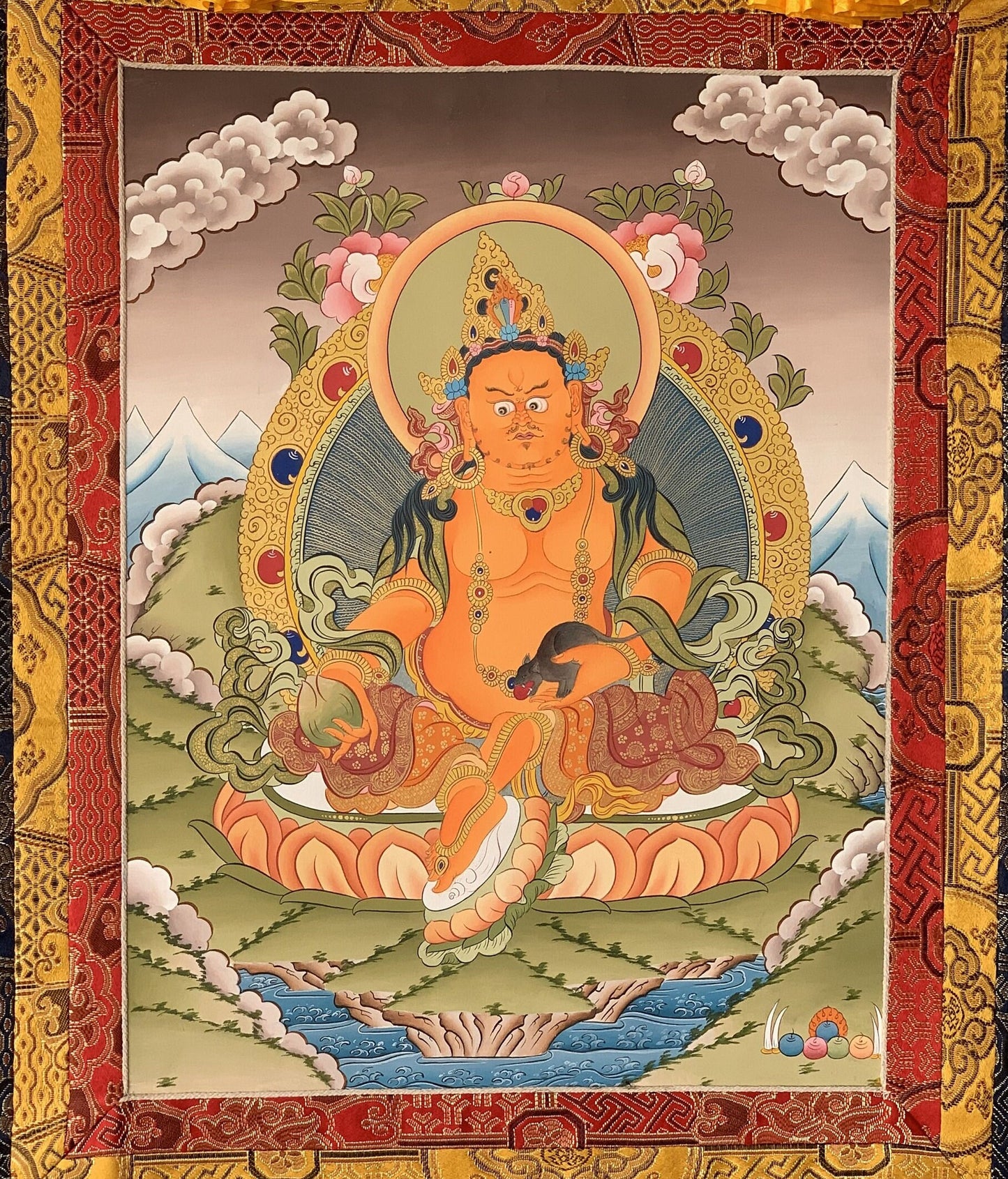 Hand-Painted Yellow Dzambhala Thangka, Silk Brocade Tibetan Art