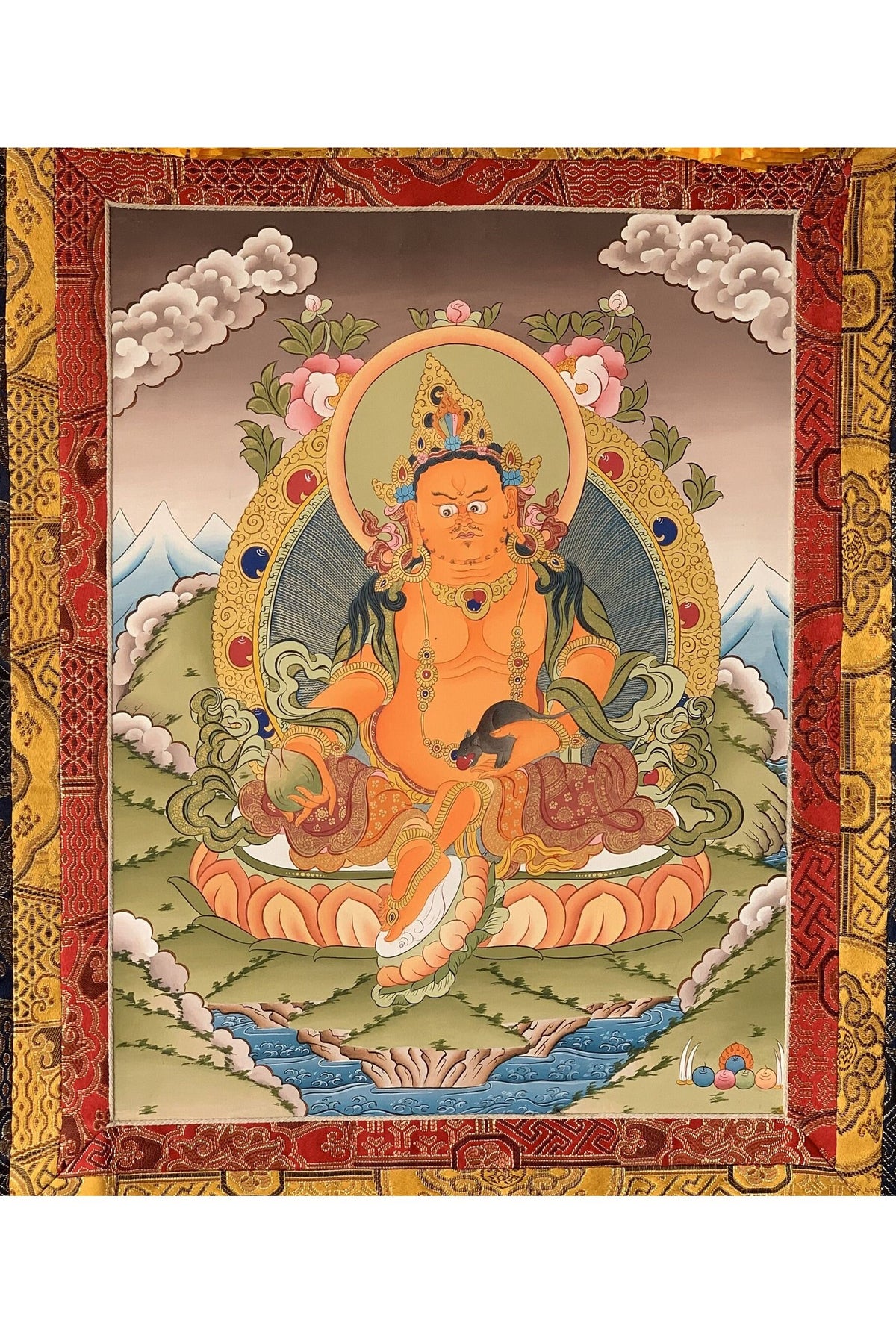 Hand-Painted Yellow Dzambhala Thangka, Silk Brocade Tibetan Art